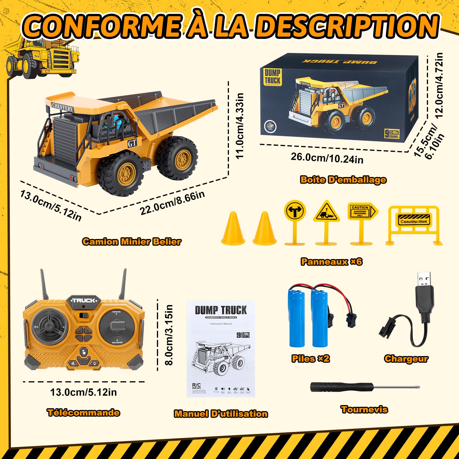 Camion Benne Télécommandé, Véhicule de Construction RC pour Enfants avec Lumière et Musique, 9 Canaux Camion Benne Jouet, Chantier Télécommandée Cadeau pour Garçon de 3 4 5 6 7 8 Ans