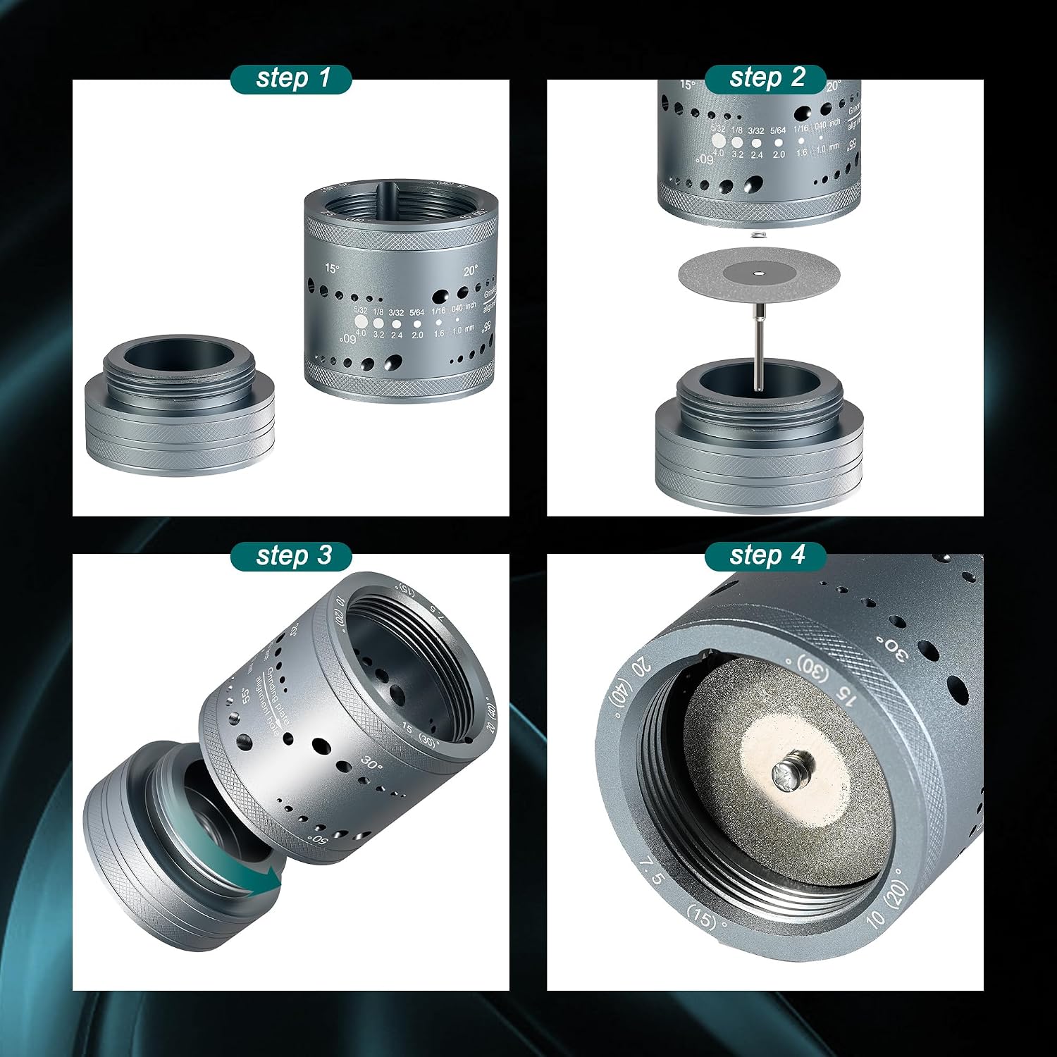 Tungsten Electrode Sharpener Grinder Head, Universal TIG Welding Tool w/Cut-Off Slot | 6 Sizes 8 Angles, 48 Holes, 3 CNC Mandrel,10 Diamond Wheels, Fits for Most Rotary Tool