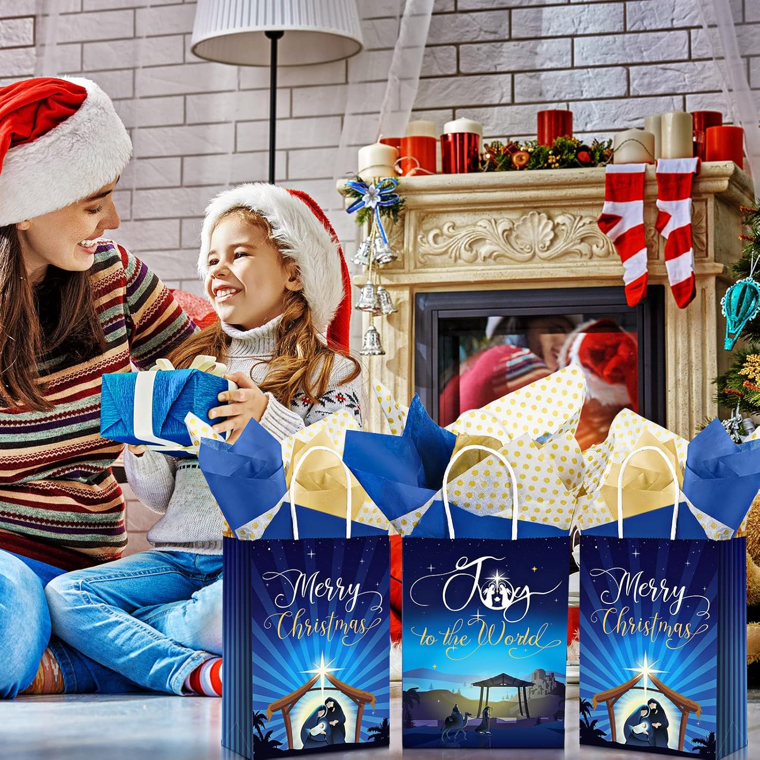 Funrous 65 Pcs Christmas Nativity Gift Bags Joy to the World Goodie Present Bags with Handles Merry Christmas Kraft Paper Treat Package with Tissue Paper for Holy Nativity Religious Festival Party