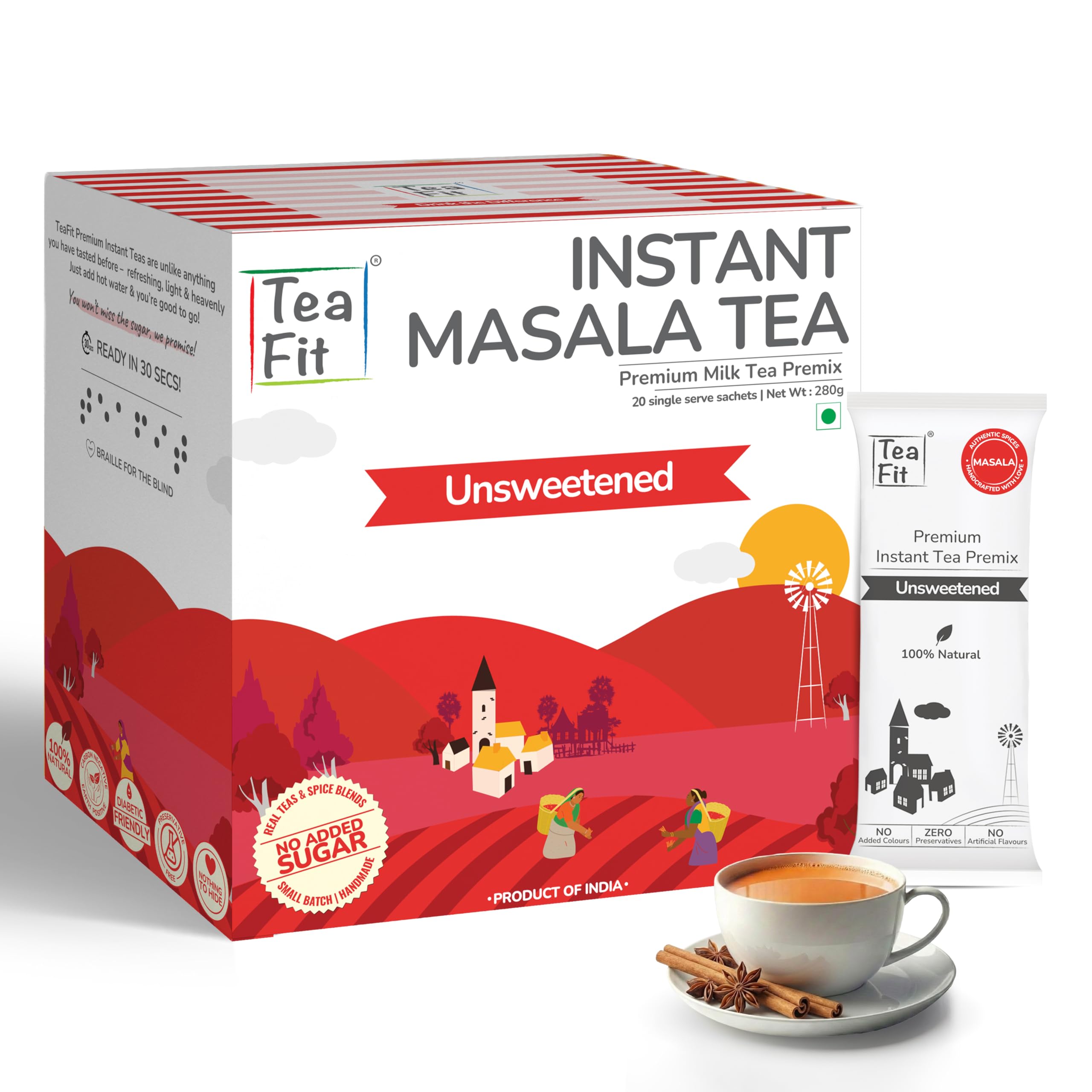 TeaFit Premium NO SUGAR Instant Masala Tea Premix | Pack of 20 Sachets (280gm) | Real Milk & Spices | Strong, Home Style Masala Chai | Milk Tea Premix | Diabetic Friendly | No Added Sweeteners