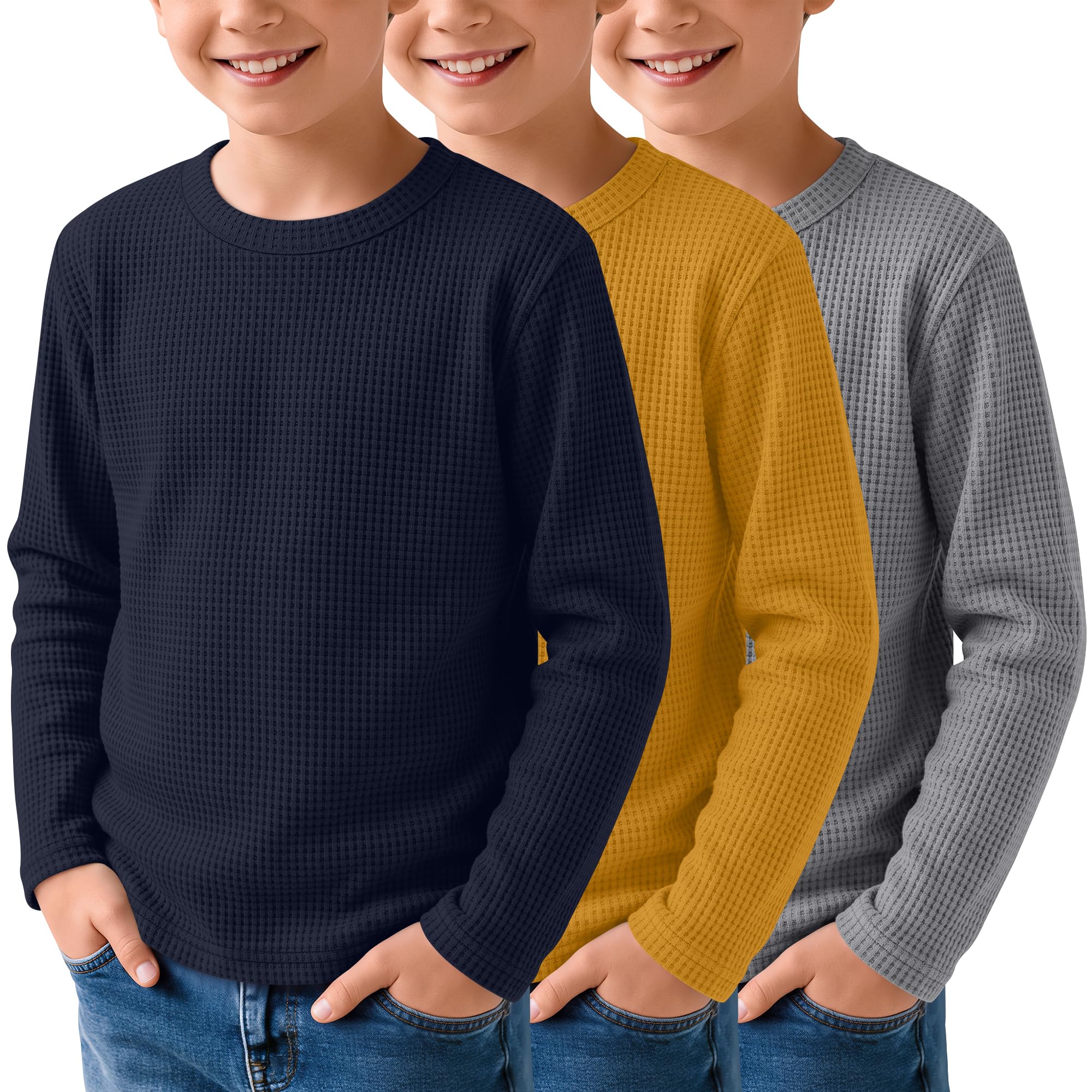 3 Pack Boys Waffle Shirts Kid Long Sleeve Warm Tops