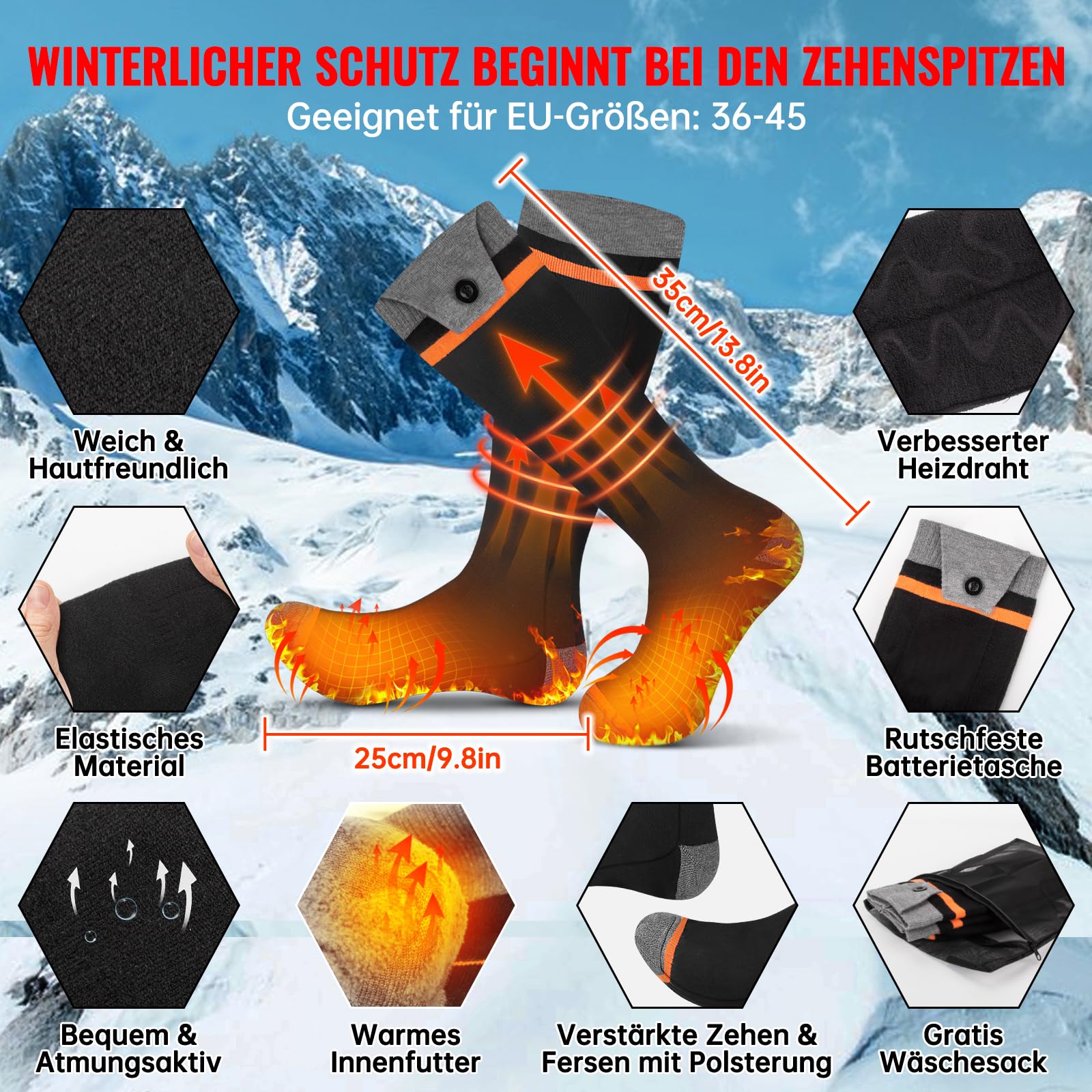 YOOHBERRYS Beheizte Socken, Elektrisch Beheizbare Socken mit 8500mAh Wiederaufladbarer Akku, APP-Fernbedienung bis zu 70°C, Heizsocken Warme Skisocken für Jagd, Wandern, Camping, Skifahren