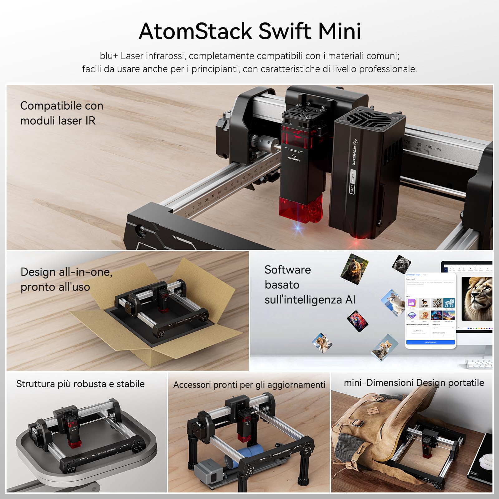 ATOMSTACK SWIFT MINI 3W Macchina per incisione Laser Modello Base Completamente Preinstallato Incisore Laser Fai da Te Superficie di Incisione145×135mm Precisione di 0,04 mm Per Legno, Artigianato