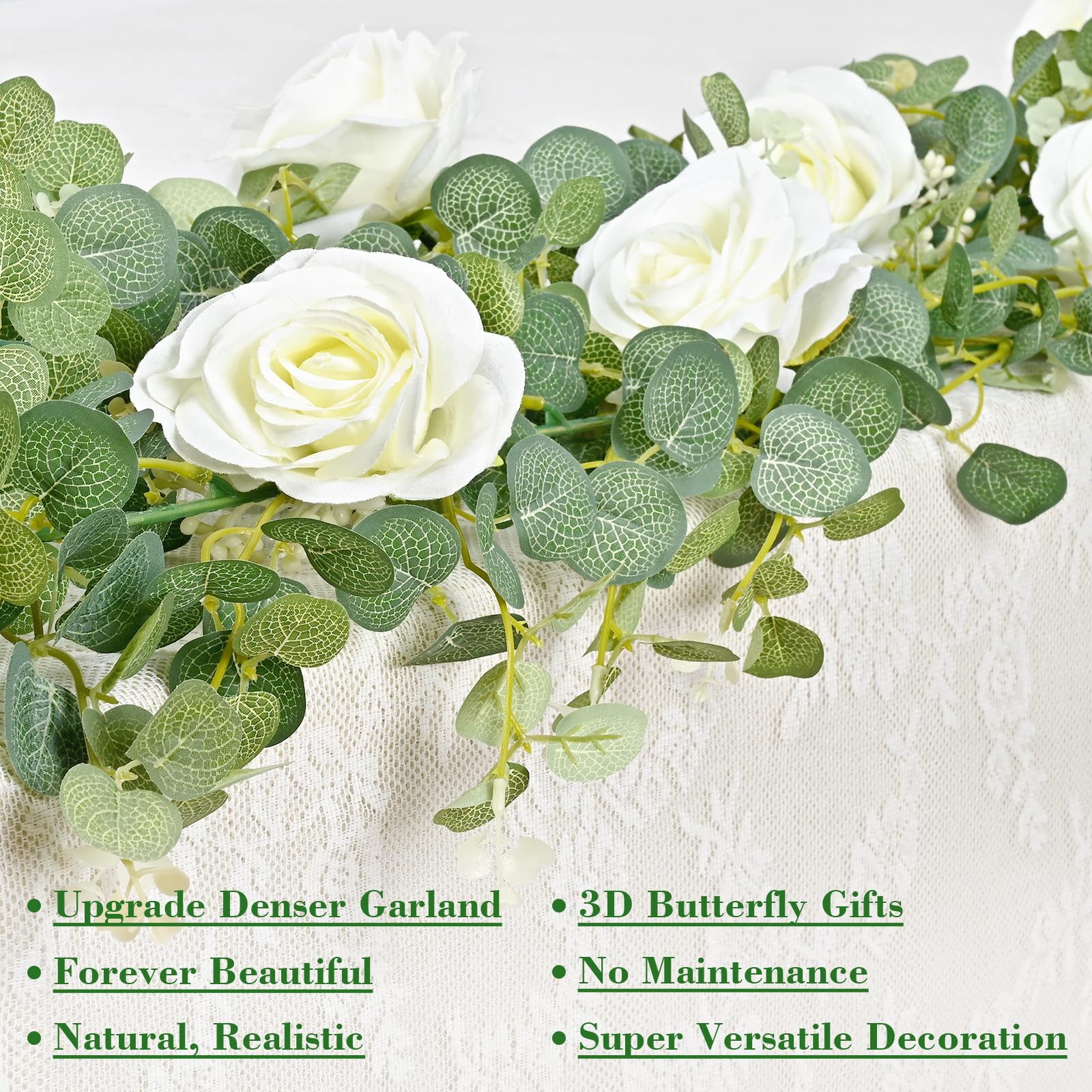 Yastouay 6.1Ft Eucalyptus Garland with Flowers 3D Butterfly Artificial Rose Vine Floral Garland Fake Greenery Garland for Centerpiece Table Decorations Wedding Table Decor Dining Room Decor (1, White)