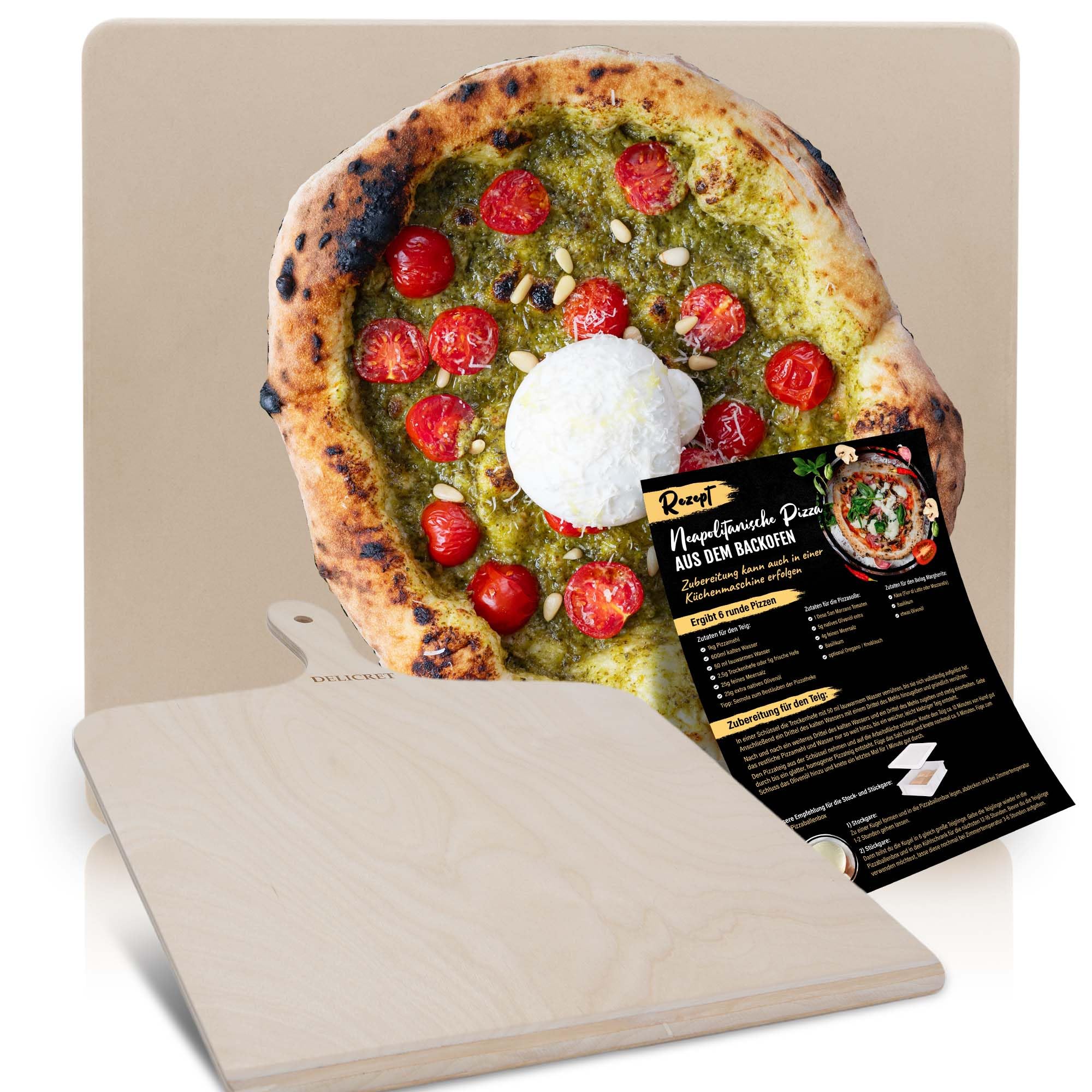 DELICRET - Pizzaschieber Birkenholz & Pizzastein für Backofen | 33x38x1,75cm - für Pizzen bis Ø33cm - inkl. Backanleitung für eine echte Pizza Napoletana moderna