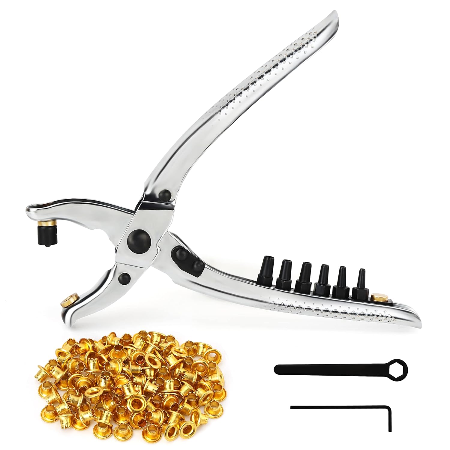 Kurtzy Alicates Remachadora Ojales con 100 Ojales - Perforadora Ojales 20,5 cm para Cinturón de Cuero - Ojales de Metal Dorados de 8,5 mm - Máquina de Ojales para Tela, Ropa, Zapatos y Manualidades