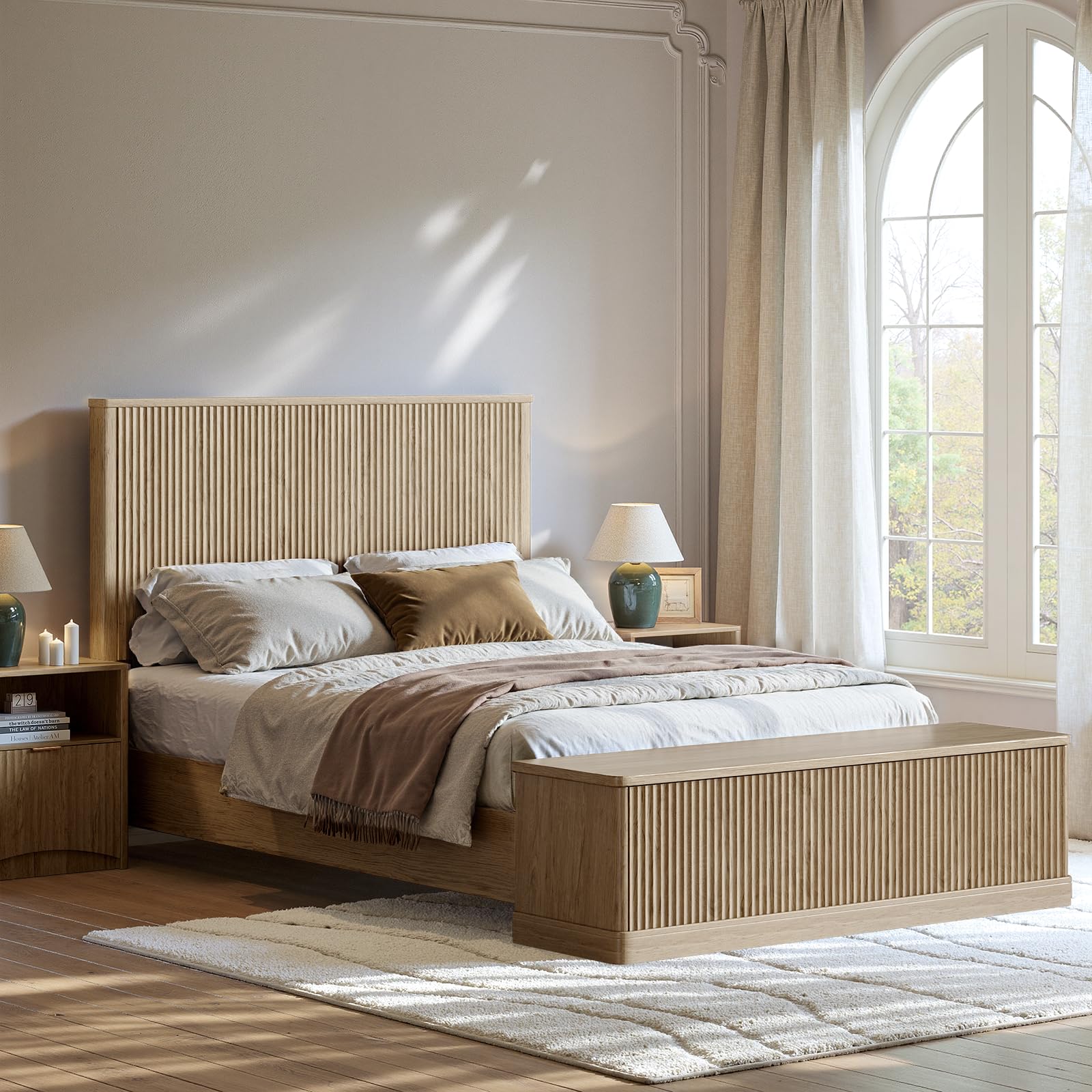 Evermagin Fluted Oak Queen Bed Frame with 51''Tall Headboard & Storage Bench, Wood Platform Bed with 63''Storage Chest, Modern Queen Bedframe No Box