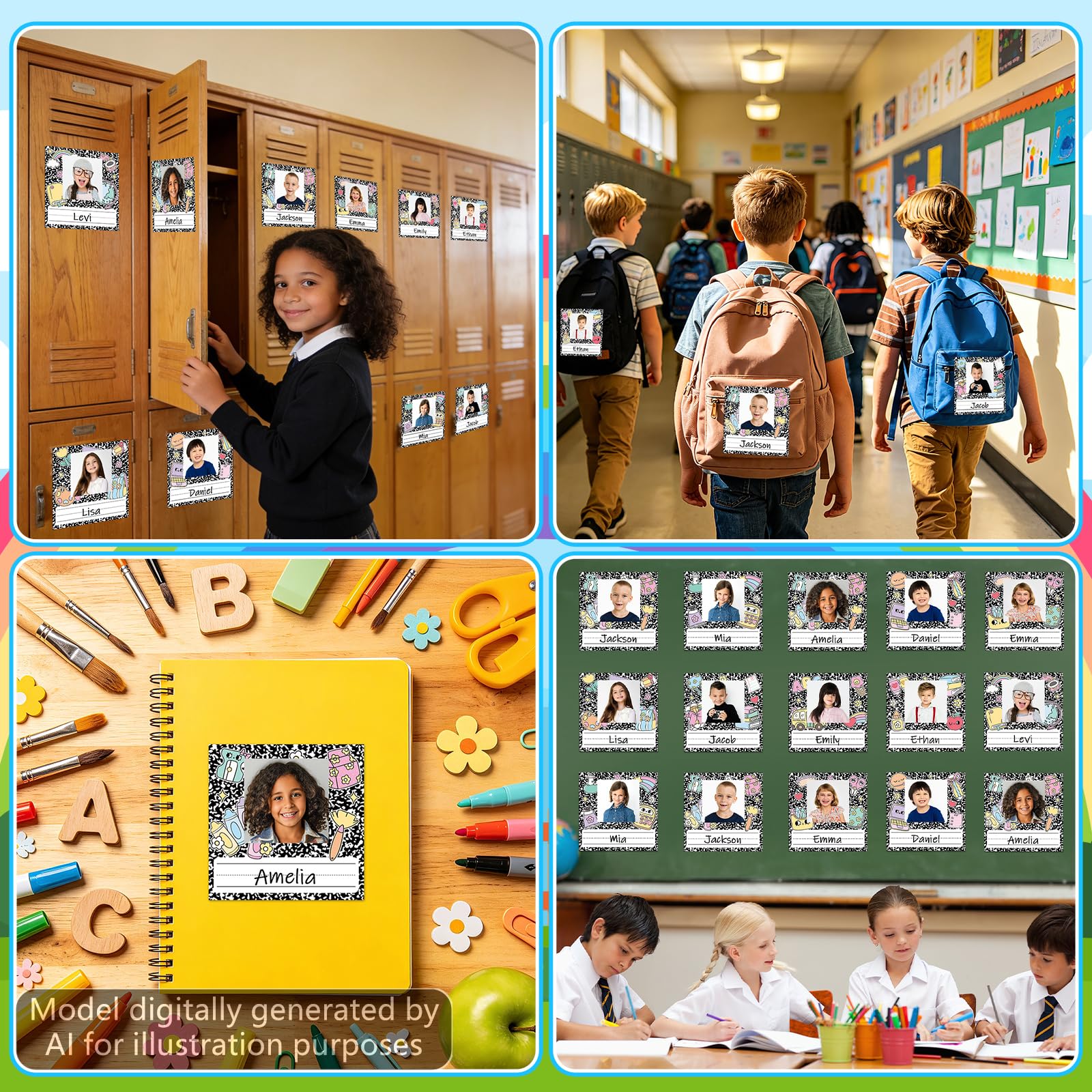 Lot de 54 étiquettes de nom autocollantes pour livre de composition, 12 x 11 cm, étiquettes autocollantes avec photo pour la rentrée scolaire, les bacs de bureau, les cubbies