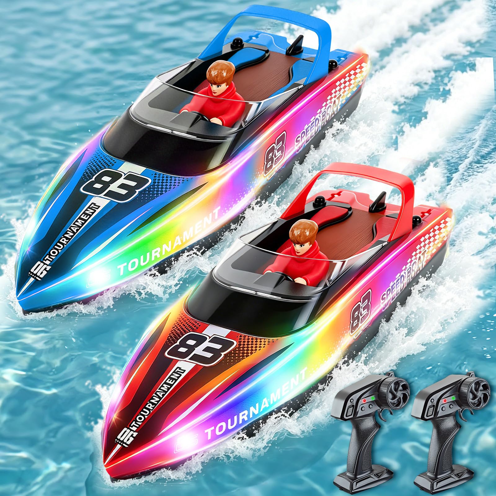 YOOHBERRYS Barco Teledirigido 2 Piezas, 2,4 GHz Barco de Control Remoto con Luces LED para Piscinas y Lagos, Barcos RC Regalo Juguete para Niños y Adultos (2PCS)