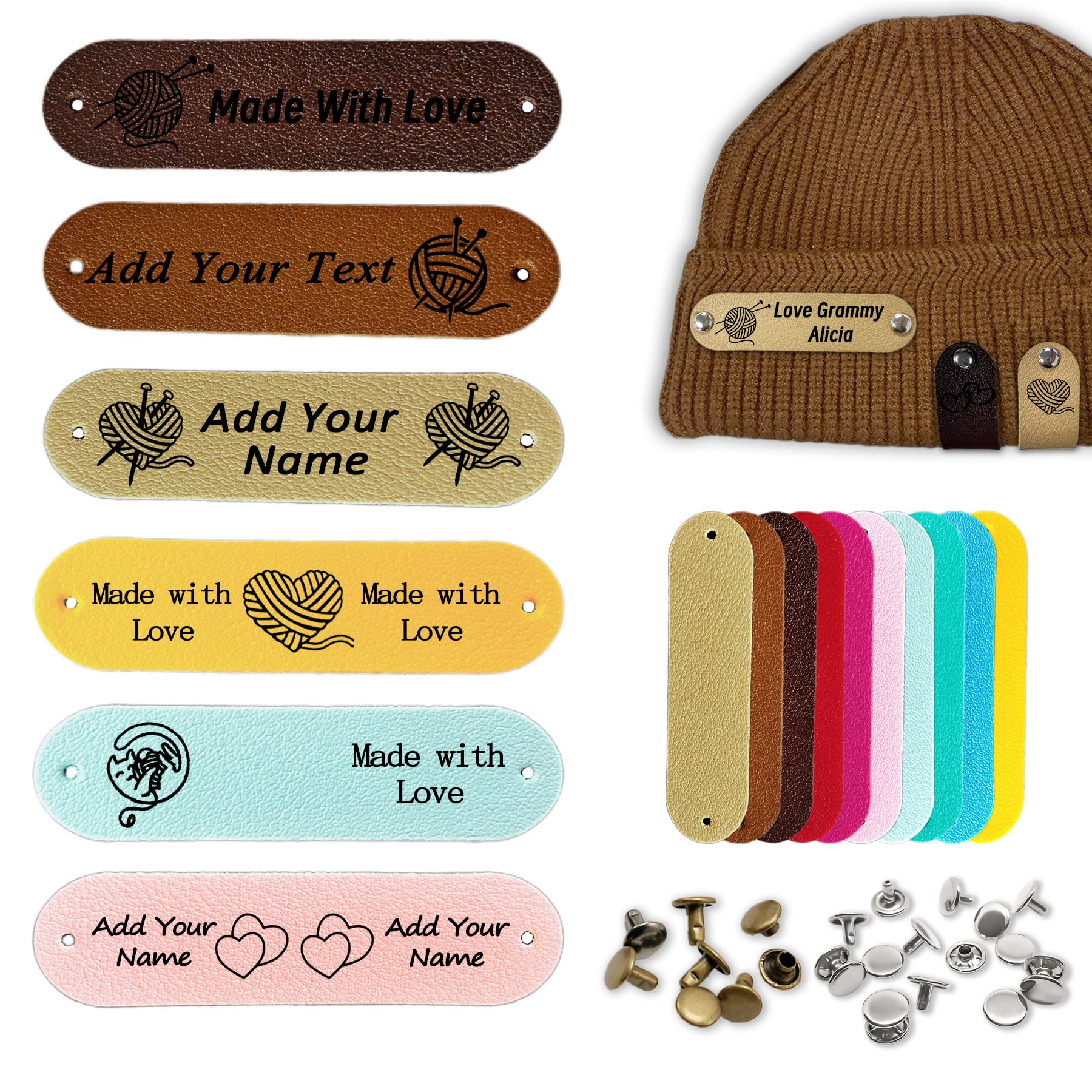 12-120pcs Customized Leather Tags for Crochet Items, 2.5 x 0.6 inches Personalized Tags for Knitting and Crochet Projects with Rivets for Knitting, Hats, Beanies, Scarves (Normal)