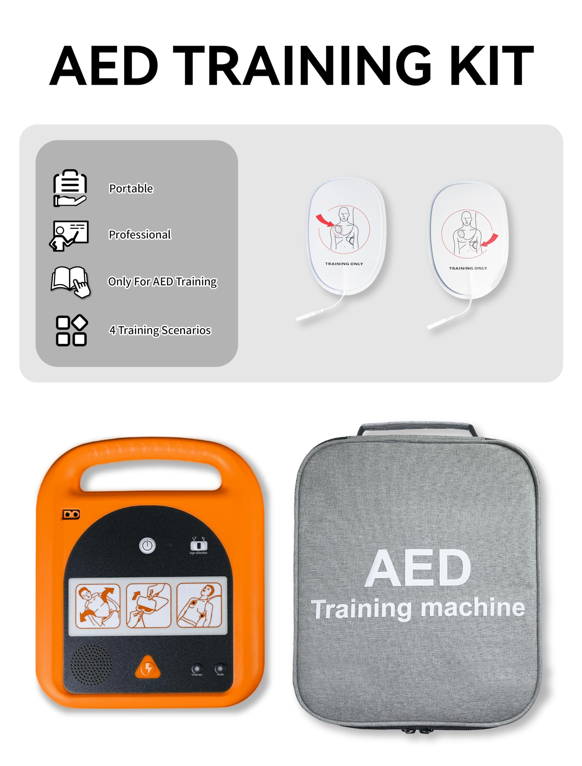 Entrenador DEA, dispositivo de entrenamiento portátil con 4 escenarios, indicaciones de voz en inglés solo para principiantes de primeros auxilios y estudiantes en prácticas