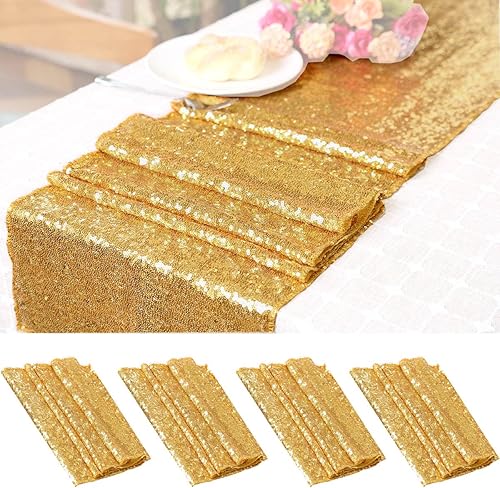 LQIAO 4 caminos de mesa de lentejuelas de 12 x 72 pulgadas, color dorado, para bodas, fiestas, catering, eventos, camino de mesa con purpurina,
