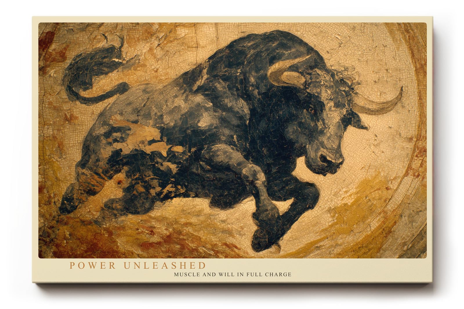 Paul Sinus Wandbild 120x80cm kraftvoller Stier abstrakte Tierkunst in warmen Braun Gold Toenen dynamische Leinwand Wanddekoration modernes Kunstbild fuer Wohnzimmer Büro