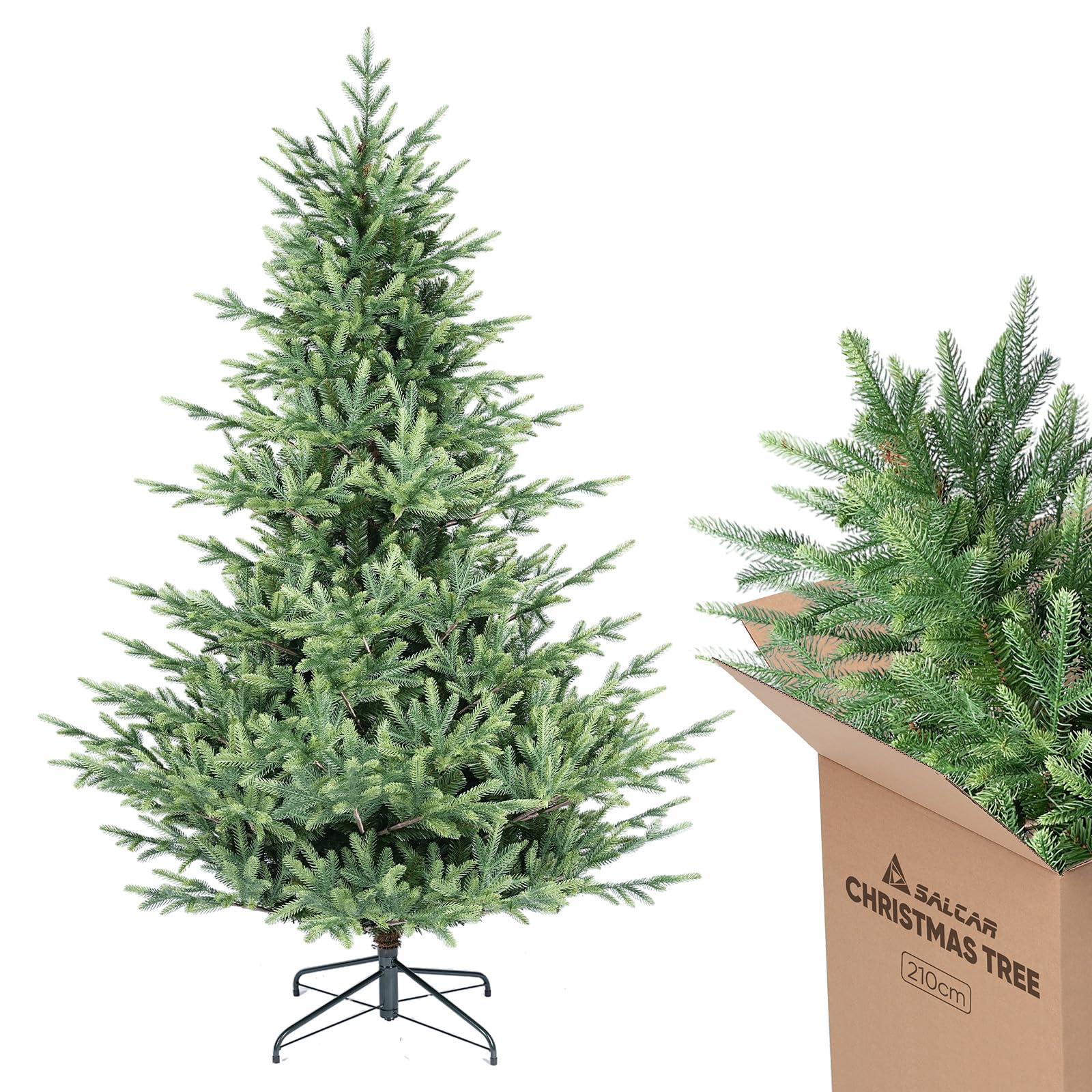 SALCAR Sapin de Noël Artificiel de qualité supérieure - 210 cm - 90% polyéthylène - Moulé par Injection - Réaliste - avec Gants et Support en métal (diamètre 142 cm)