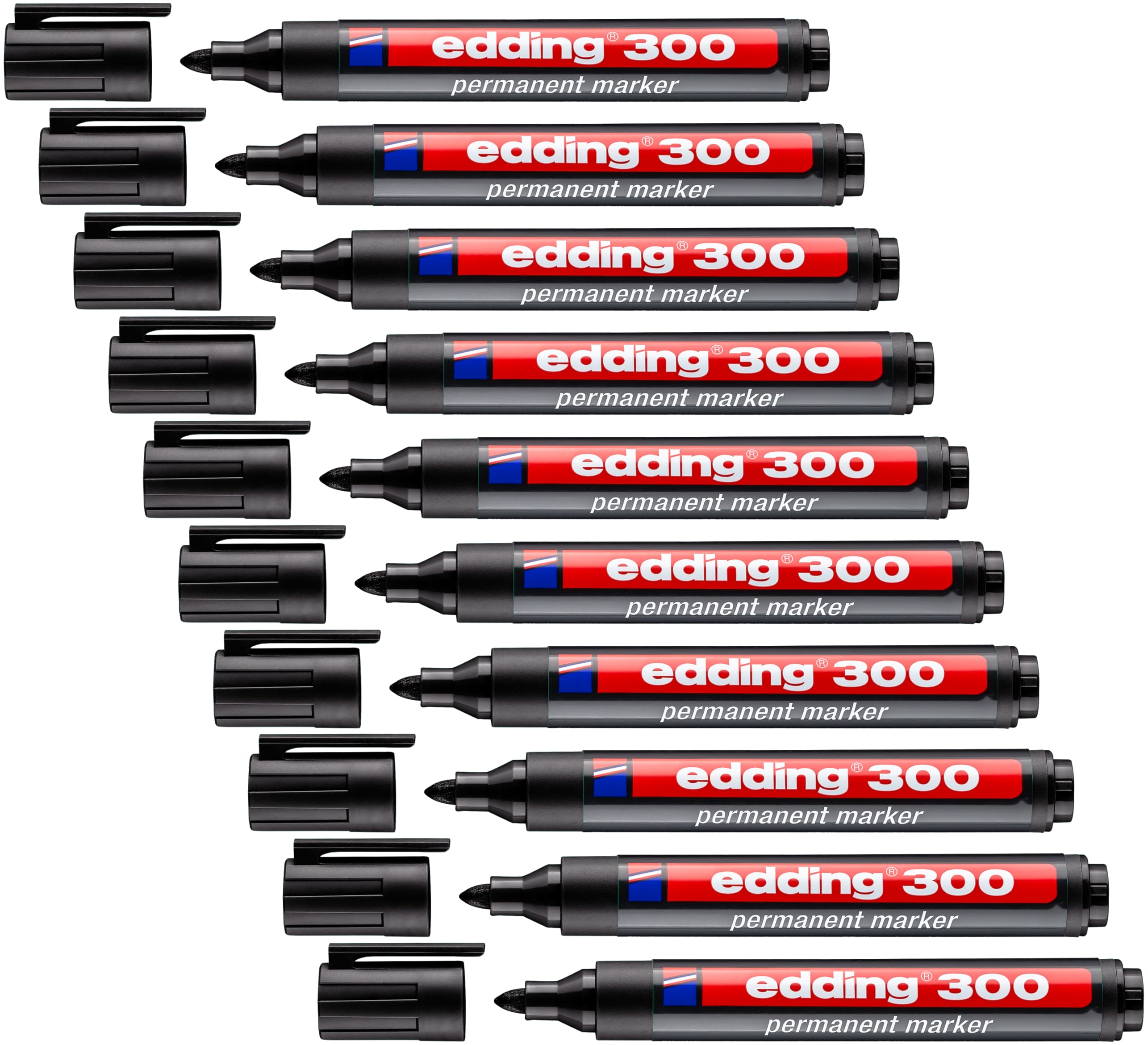 edding 300 Permanentmarker -10 Farben - 10 Stifte - Rundspitze 1,5-3 mm - wasserfest, schnell-trocknend - wischfest - für Karton, Kunststoff, Glas, Holz, Metall, Glas (Schwarz, 10 Stifte)