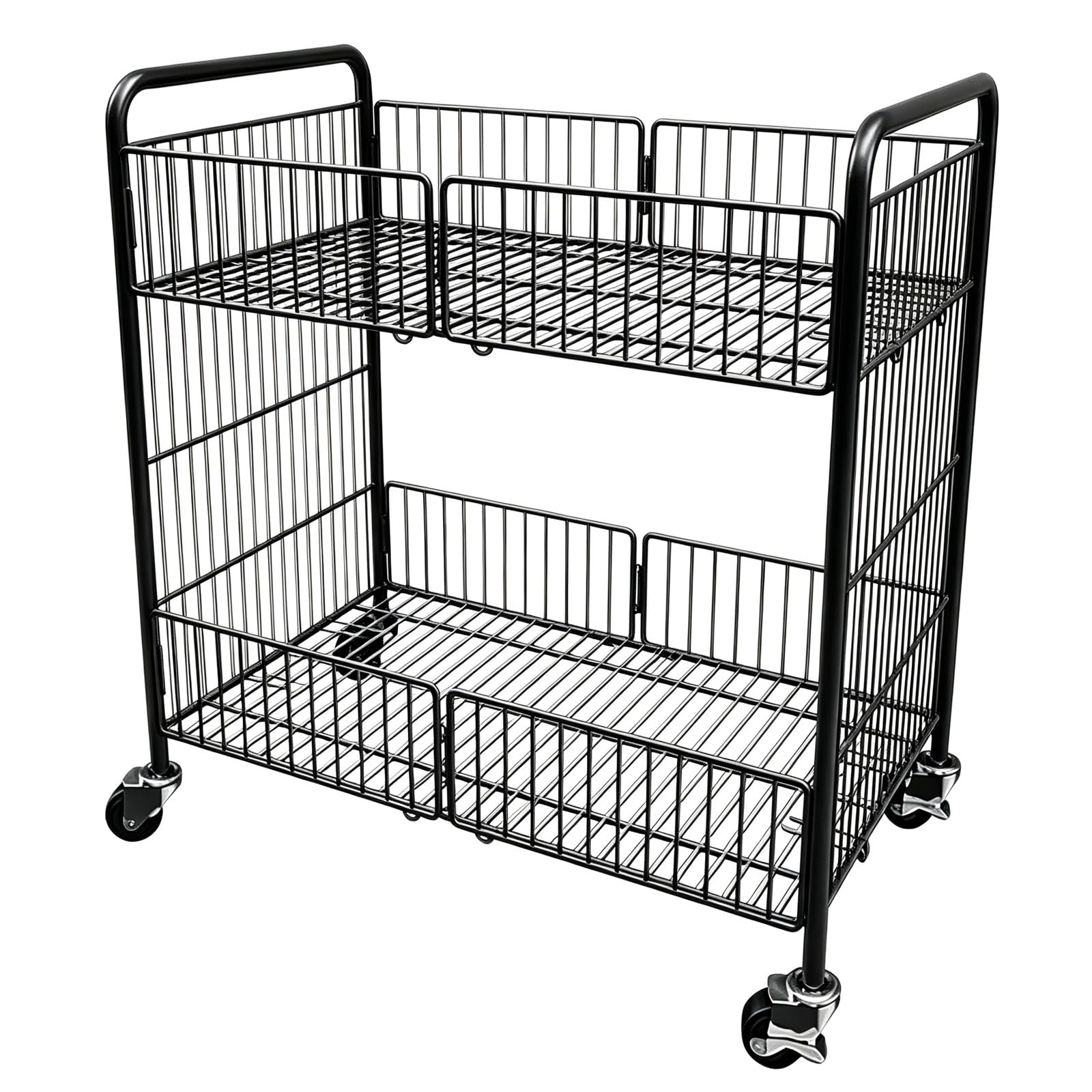 WANGCEPLSD Foldable Farmers Market Stand, Thickened Pipes Bearing 66lbs, Portable Dessert Cart, with Raised Guardrails, Double Layer Open Design, for Outdoor Vending(Black,L)