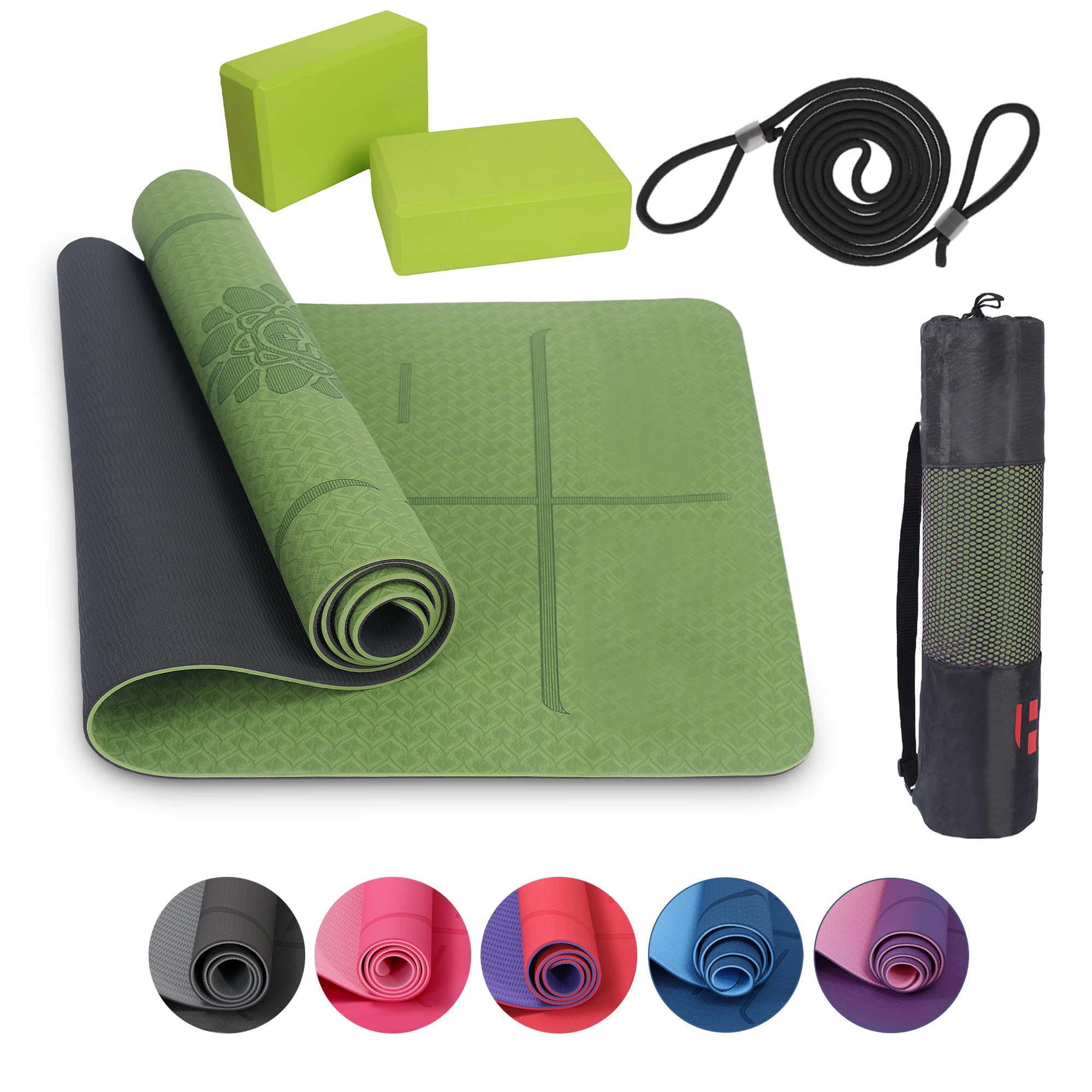 Habib Gruppe Set di 2 tappetini da yoga con bastoncini da yoga – Tappetino antiscivolo imbottito per fitness con cintura da yoga e borsa – Set di 2 blocchi da yoga per pilates, meditazione,