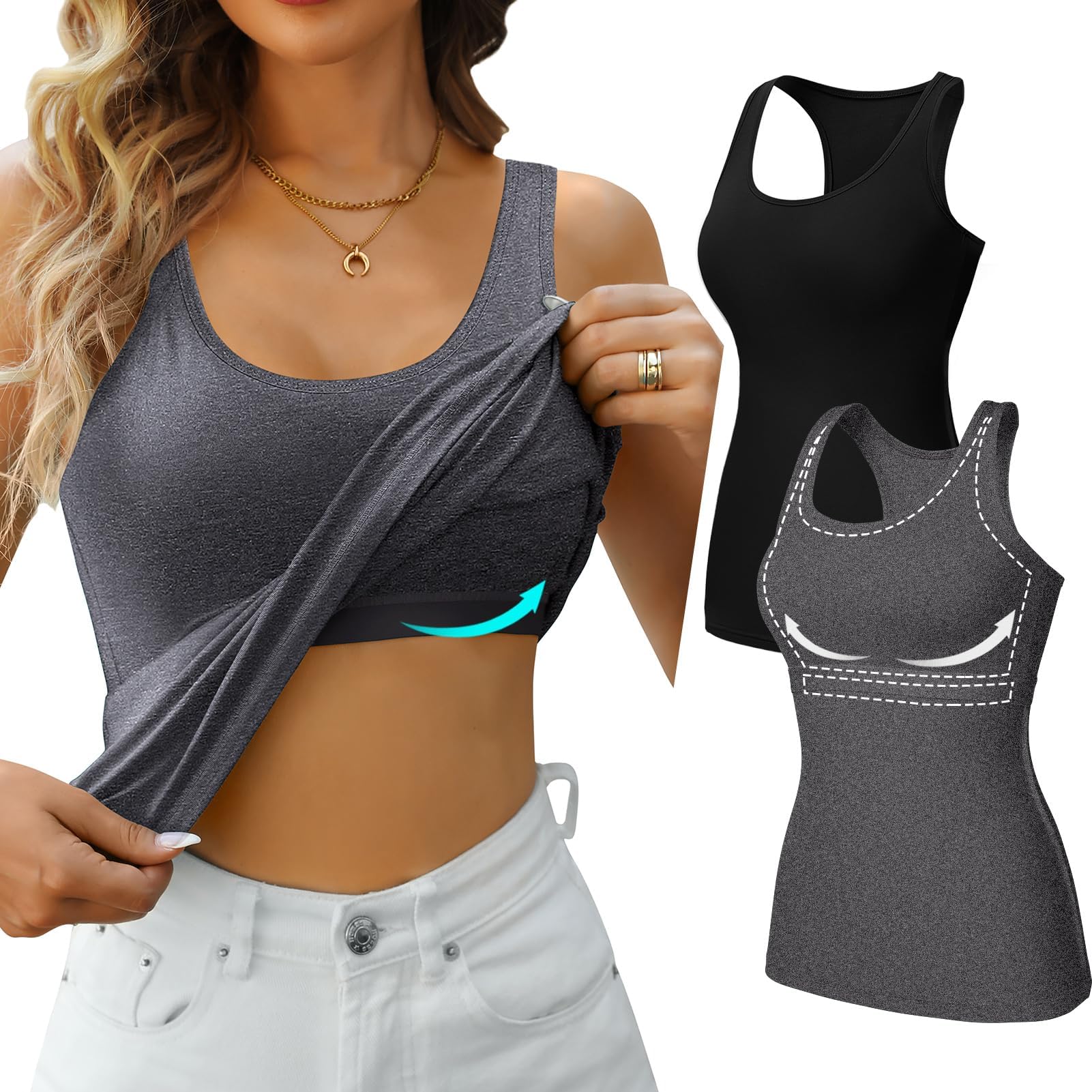 Charmo Unterhemd Damen BH-Hemd Basic Racerback Tank Tops mit Regal-BH Baumwoll Stretch eng Top Slim Fit Shirts Frauen 2er Pack