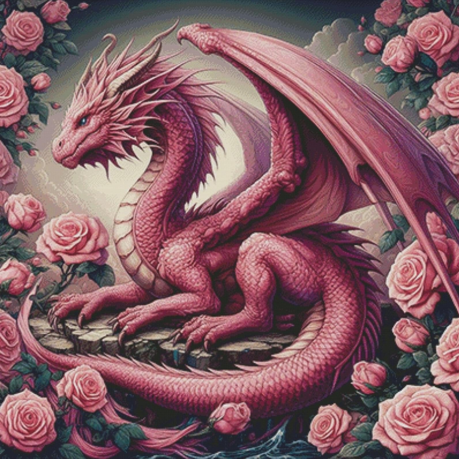 HKLIOPU Cross Stitch Kits for Adults-Pink Fantasy Dragon,11CT Printed Cross Stitch Kits,Stamped Embroidery Kits for Adults Wall Art Home Decoration 16x16 Inch (LZ184)