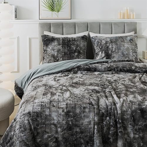 Wajade Juego de edredón de piel de conejo sintético, ultra suave y esponjoso, juego de edredón de lujo rectangular afelpado de felpa de 3 piezas