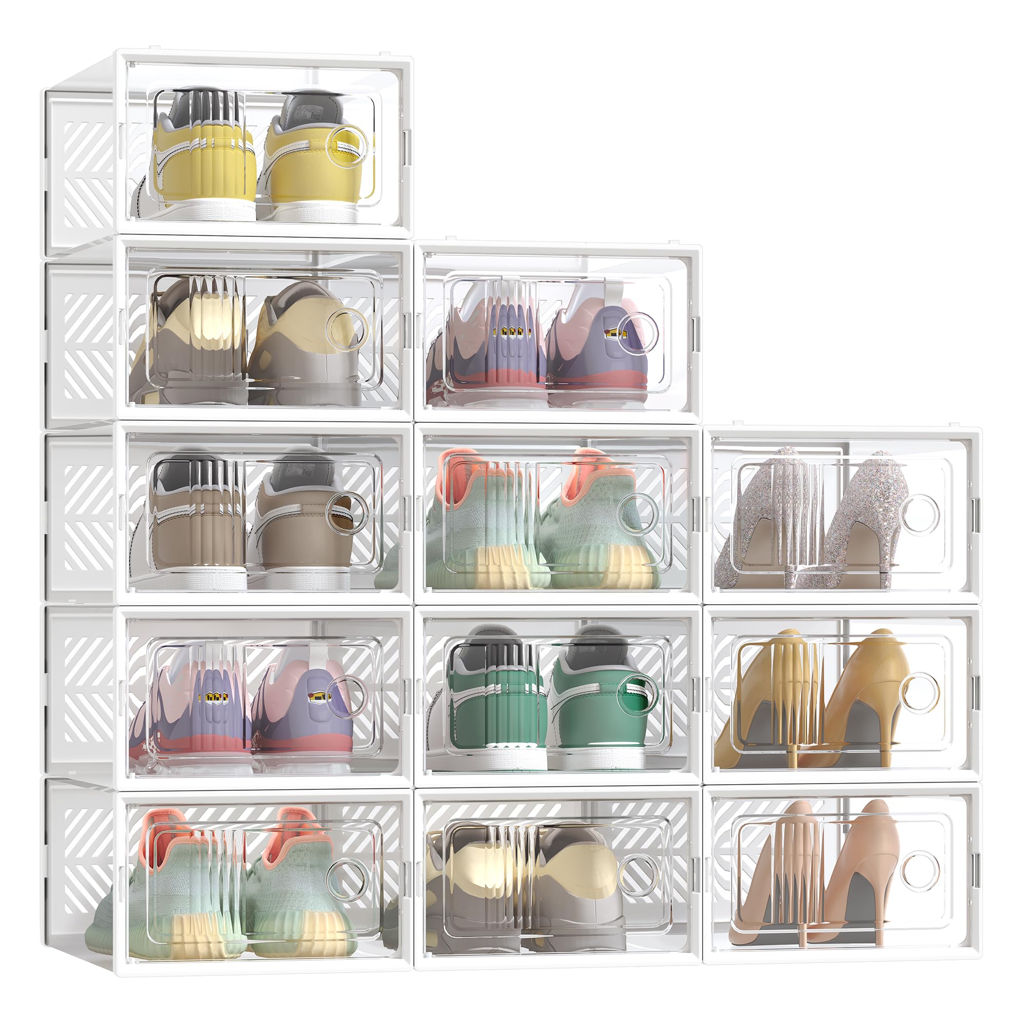 SONGMICS Boîte à Chaussures Transparent, Lot de 12, Boîte de Rangement, Pointure 43, Empilables, Robuste, pour Collections de Baskets, Talons Hauts, Transparent et Blanc LSP106W12V2