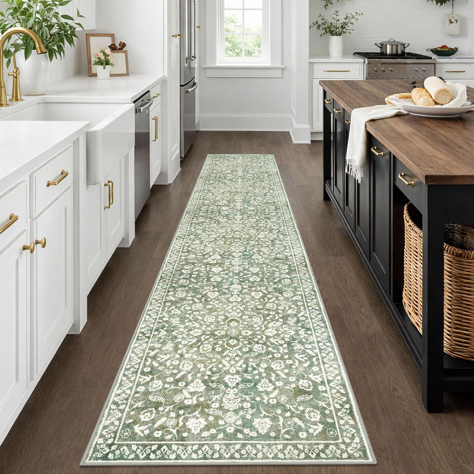 Tapis de Couloir Vintage pour Couloir, 61 x 3 cm, Vert Sauge, Beige, Tapis de Couloir Long, antidérapant, Super Doux, imprimé Floral en Fausse Laine pour entrée, Chambre à Coucher