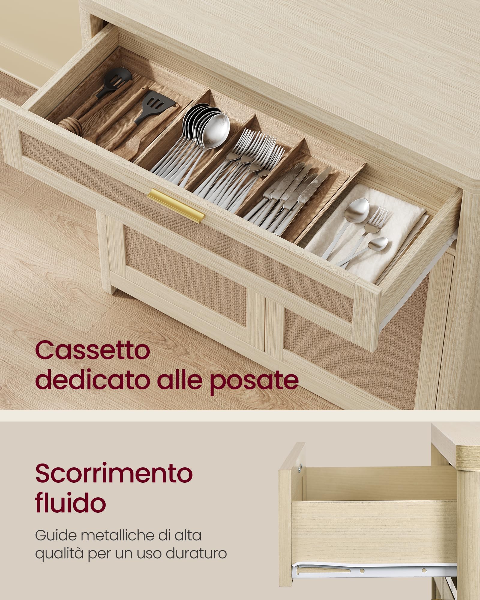 VASAGLE ELLAN Collezione - Credenza in Stile Boho con Ante Effetto Rattan, Mobile da Cucina, Angoli Arrotondati, Ripiano Regolabile, Cassetto, Sala da Pranzo, Beige Naturale BBK601LC01