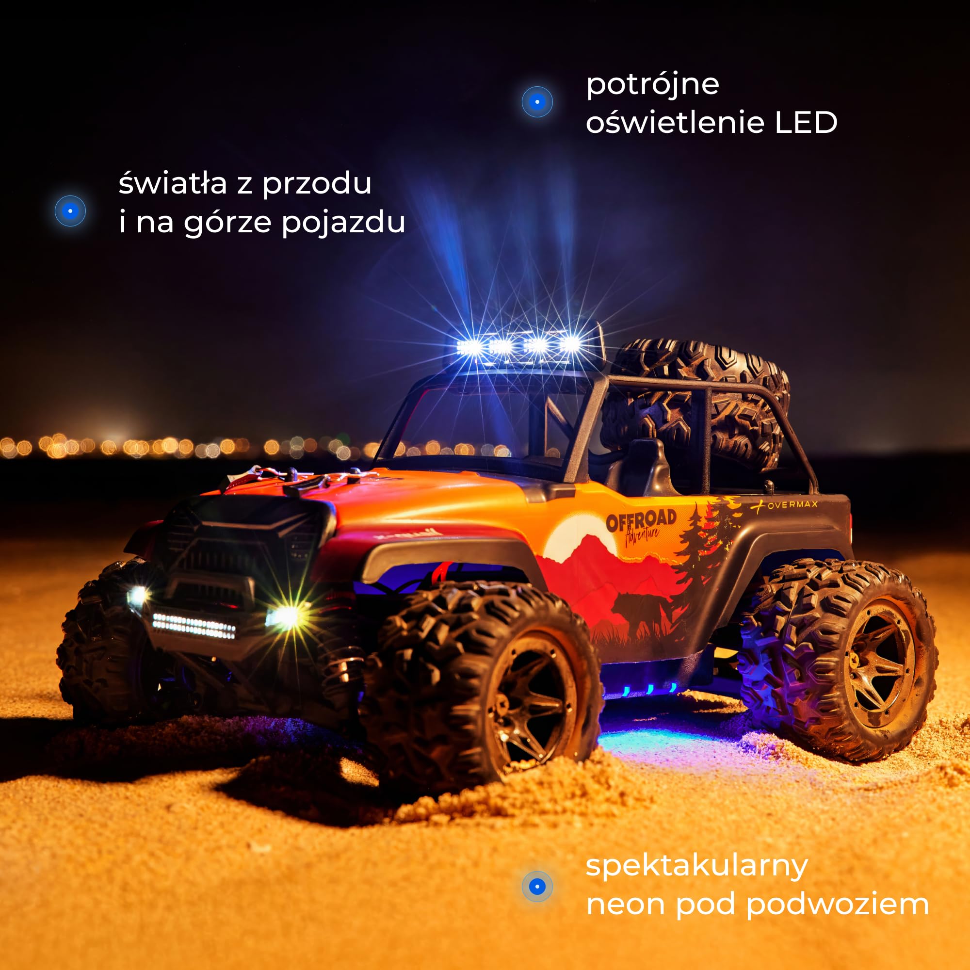 Lionelo Overmax X-Quail zdalnie sterowany samochód od 6 lat, RC Auto 4WD 1:18 do 25 km/h, Offroad Monster Truck z 2 akumulatorami, czas jazdy 40 min, LED, funkcja Wheelie, 2,4 GHz RC Crawler