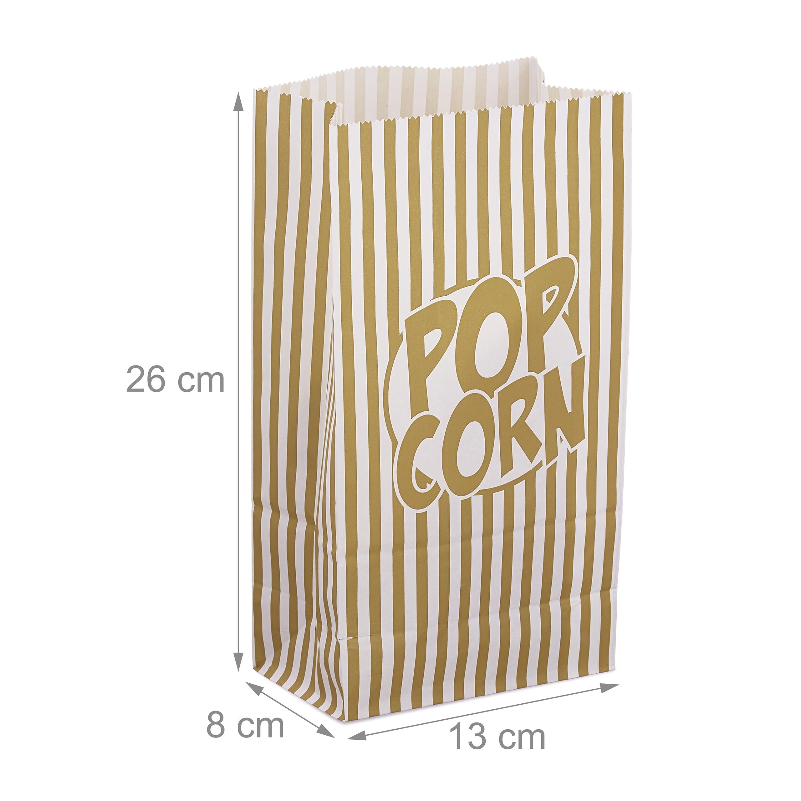 Relaxdays Torebki z popcornem, 144 szt., w paski, małe torby, na imprezę z papieru, w stylu retro, złoto-białe