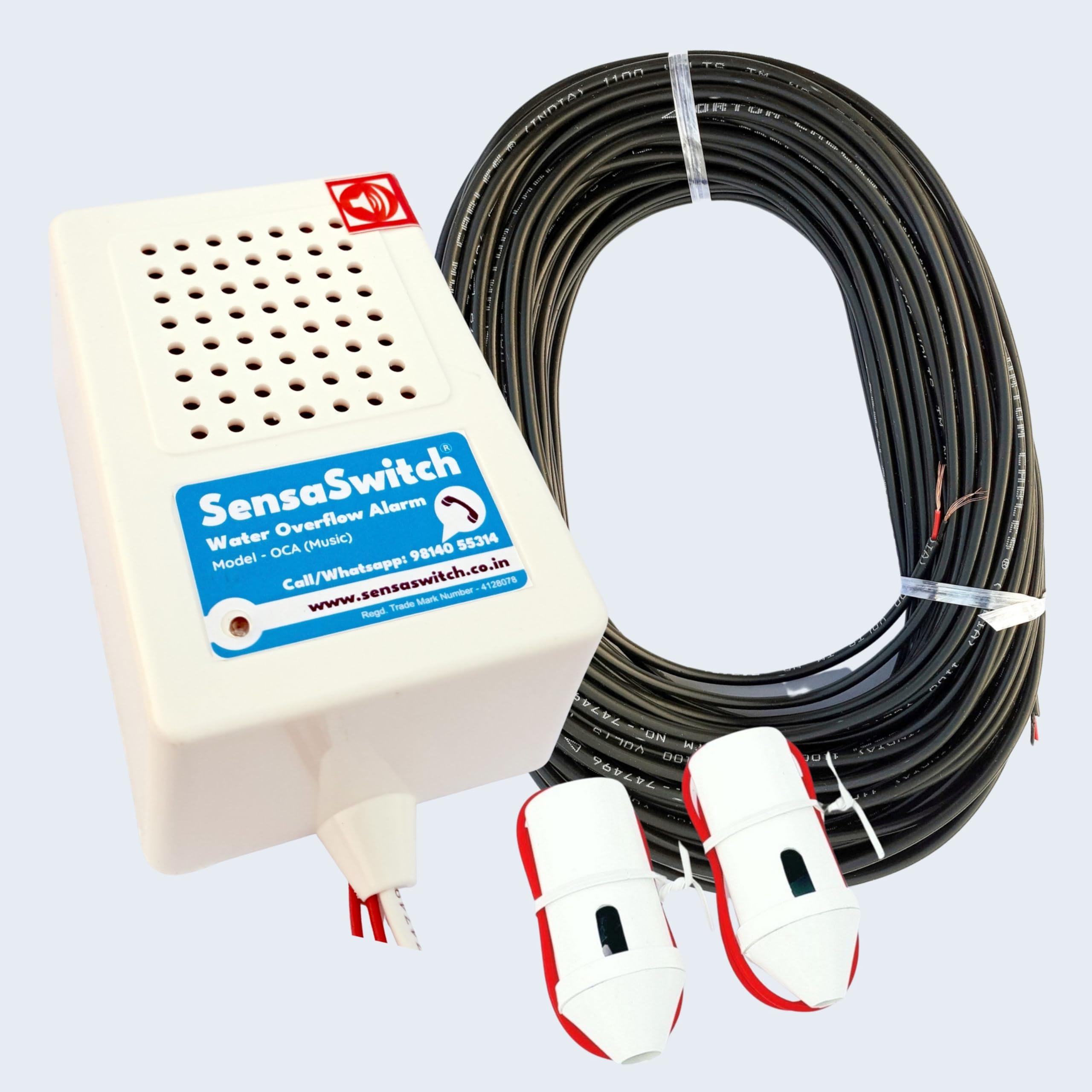 SensaSwitch Water Tank Overflow Alarm Bell Model-OCA (Fixed Volume Musical Sound), 2 Water Sensor & 1 Wire Roll (90 Feet) Package Code - OCA-SW-Combo