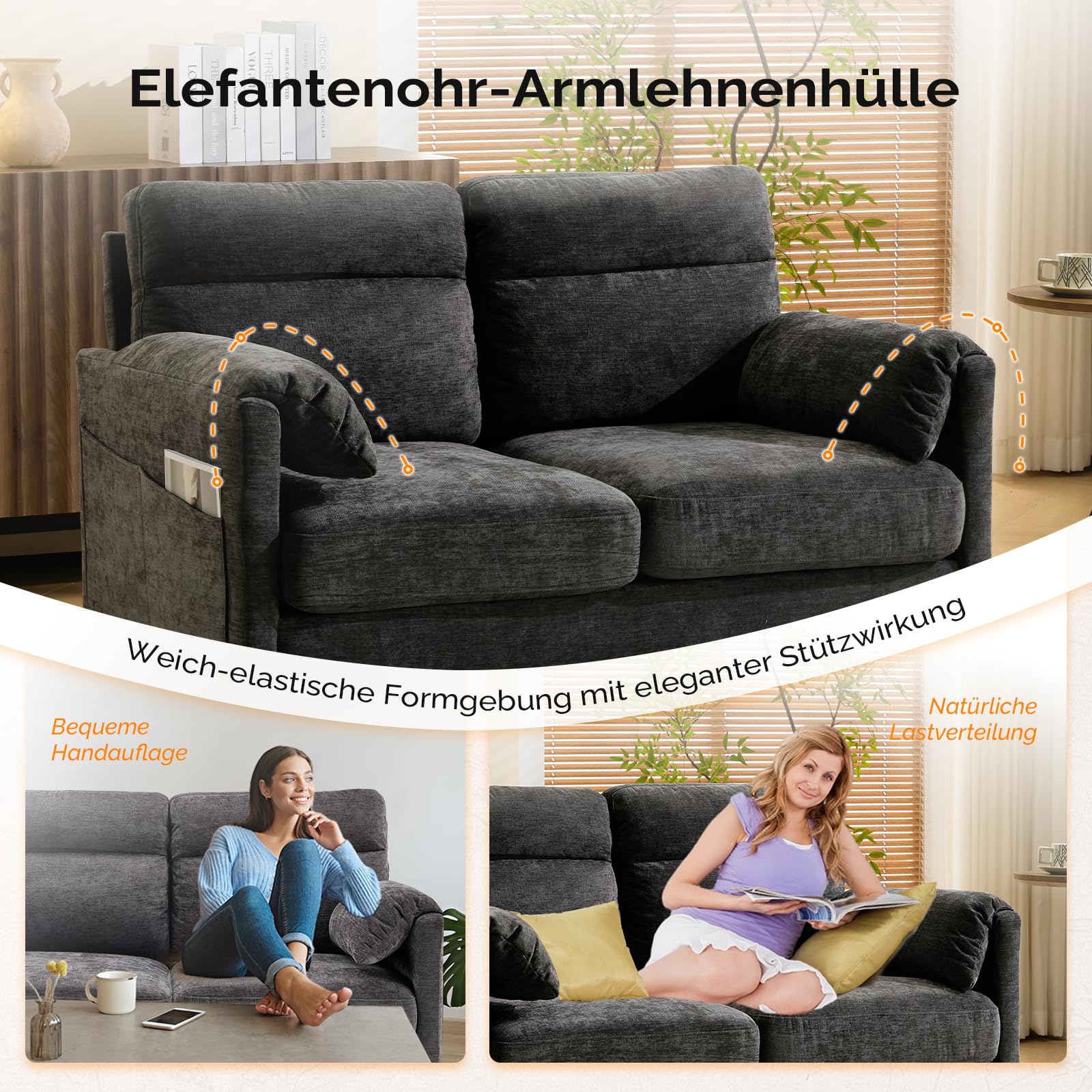 Bonnlo Sofa 2 Sitzer klein, 125cm Couch mini, Kleine Stoffcouch mit weichen Armlehnen, Kleines Sofa für Büro, Wohnzimmer, Schlafzimmer und Arbeitszimmer,Einfache Montage, Leinen (Dunkelgrau)