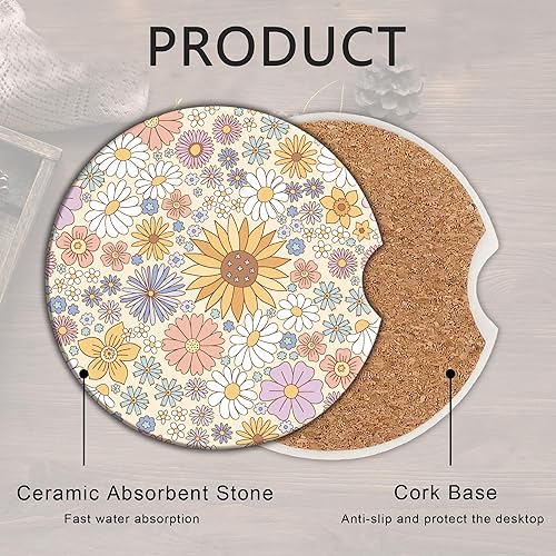 Miniatura 3 de Posavasos retro de flores silvestres, paquete de 2 accesorios universales antideslizantes para automóvil, posavasos redondos de cerámica de 2.56