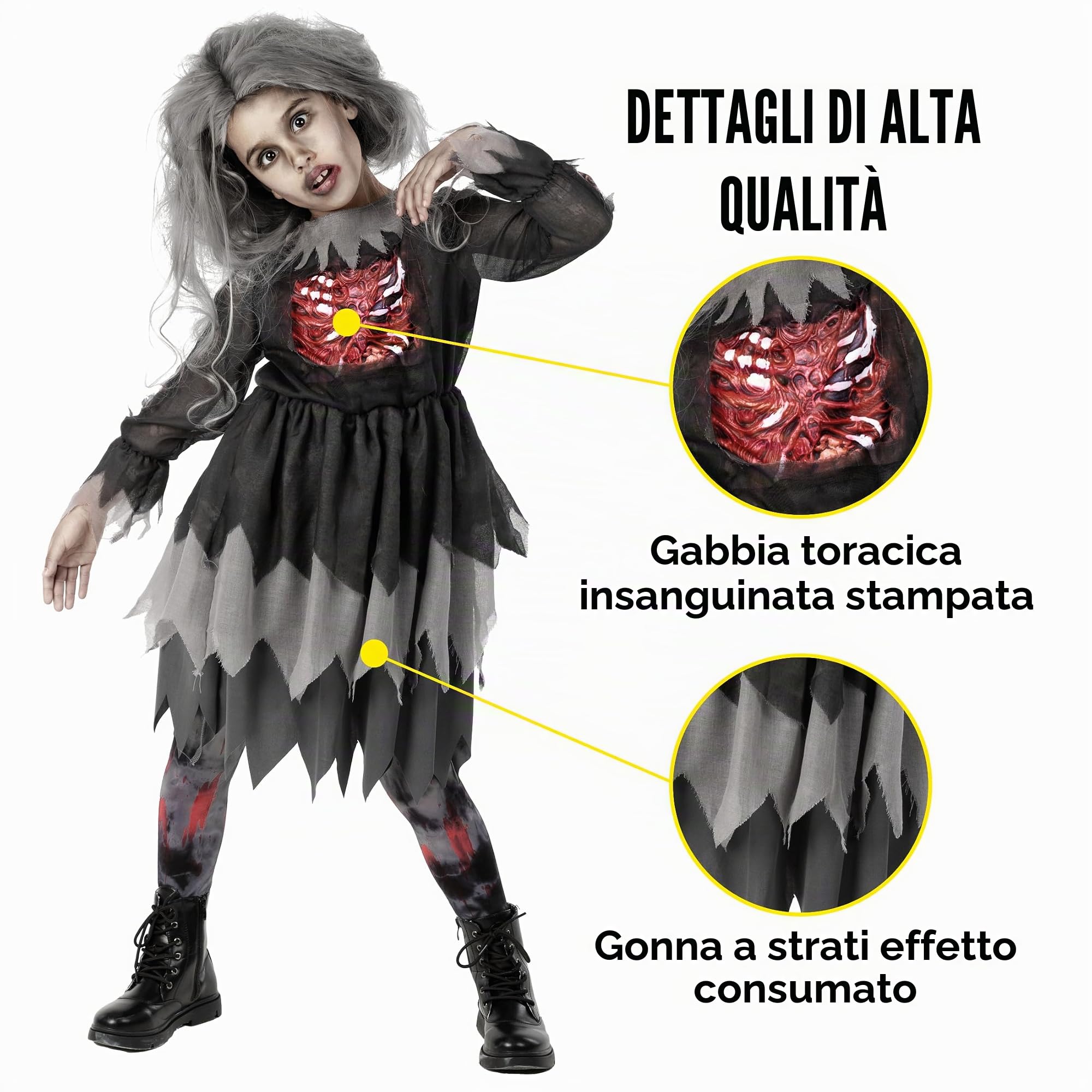 Morph Costume Zombie Bambina, Costume Halloween Bambina | Abito a Strati con Gabbia Toracica & Ossa Stampate, Design Horror, Perfetto per Halloween, Ideale per il Gioco di Ruolo