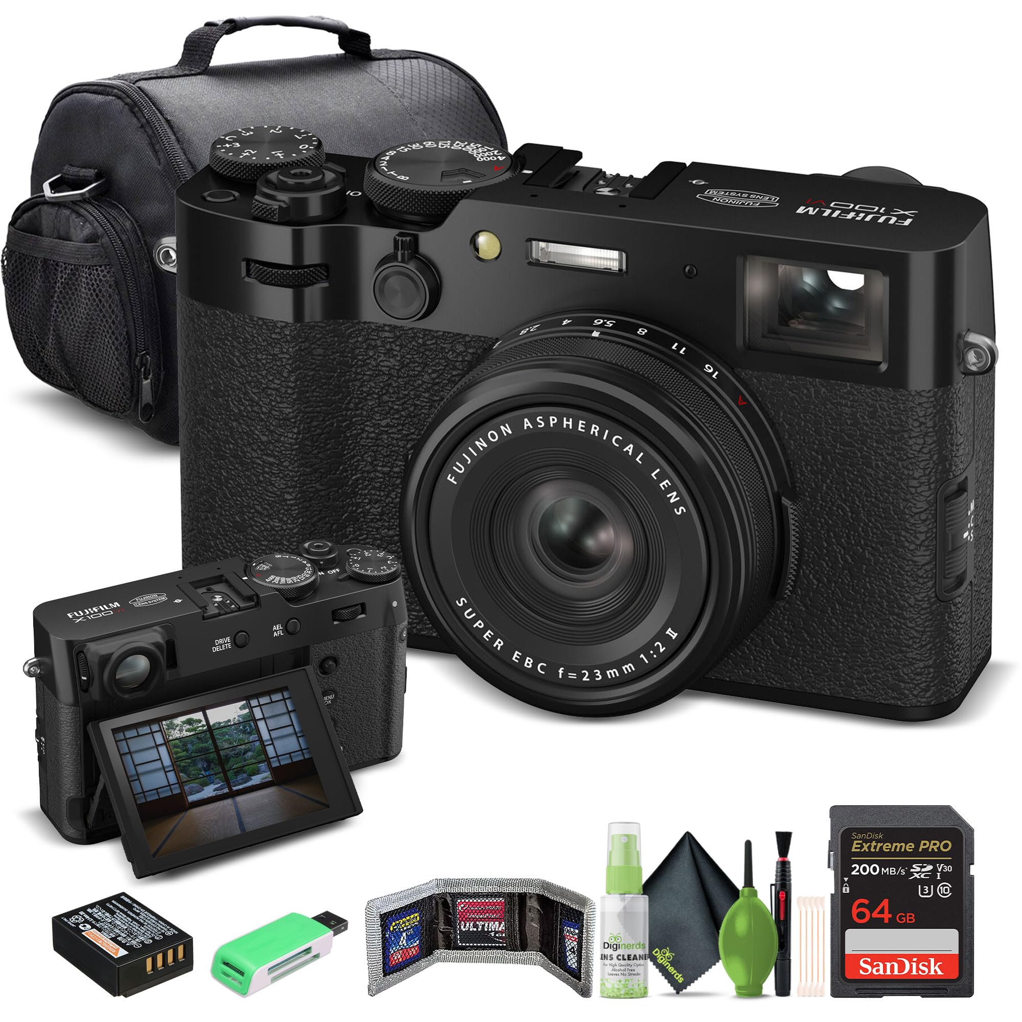 FUJIFILM X100VI Digital Camera (Black) (16821913) + 64GB Card + Card Reader + Carrying Case + Memory Card Wallet + Cleaning Kit Bundle