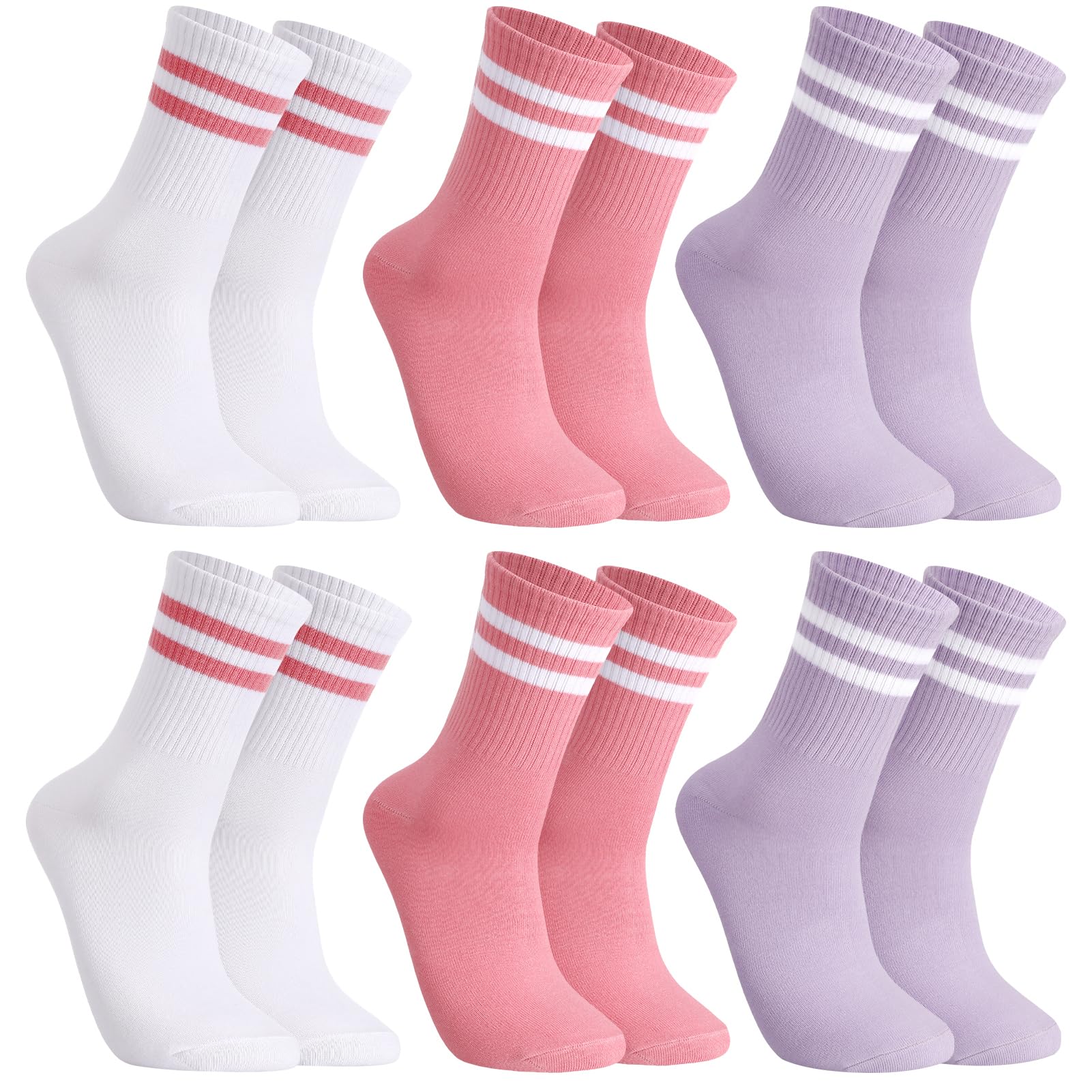 6 Pairs Striped Crew Socks Multipack Cotton Sports Running Socks for Men Women Size Soft Athletic Socks Breathable Black White Grey Socks for Work School Casual Walking-image-34