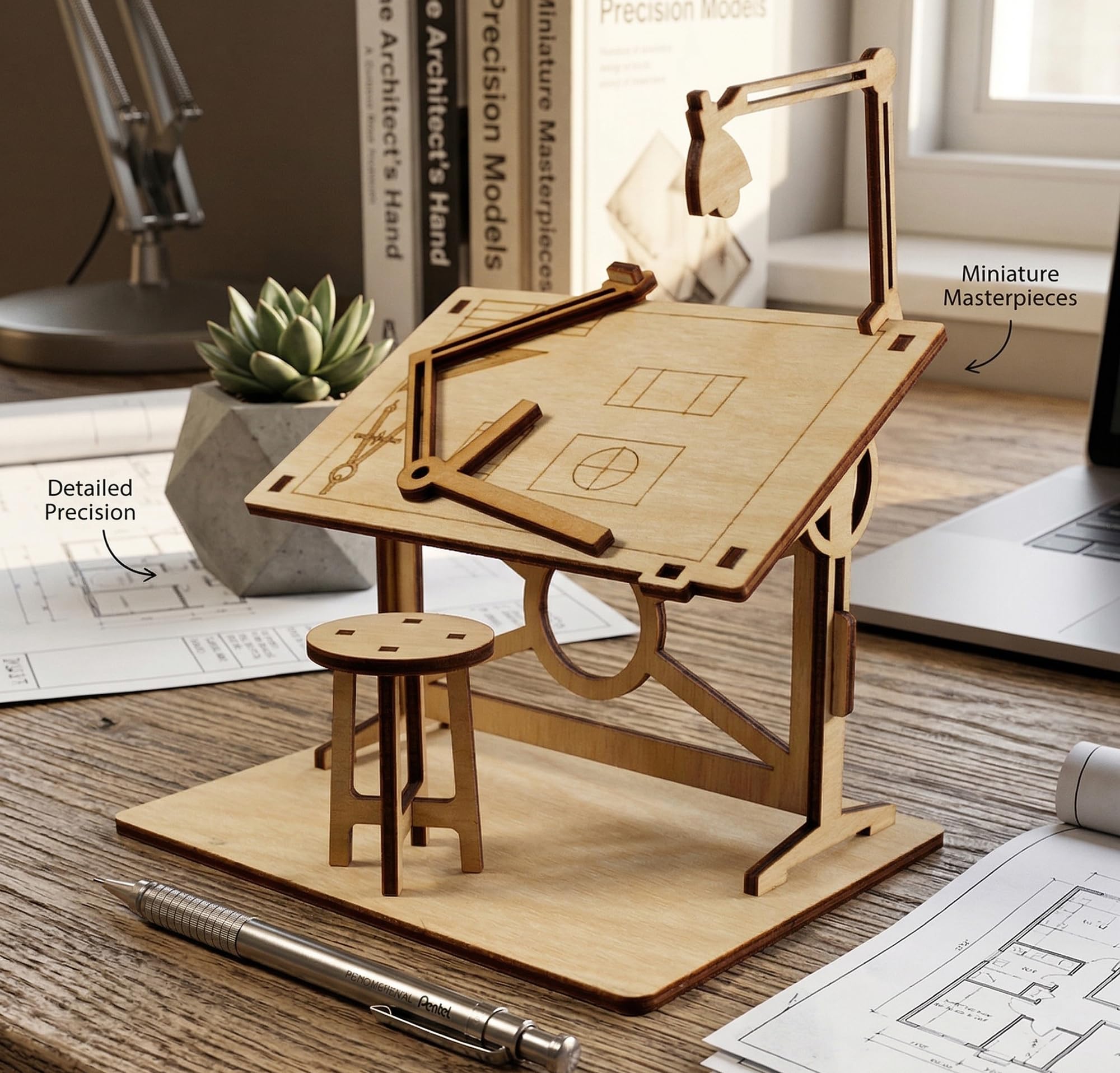 StonKraft Wooden 3D Puzzle Miniature Drafting Table - Home Decor, Construction Toy, Modelling Kit, School Project - Easy to Assemble-image-35
