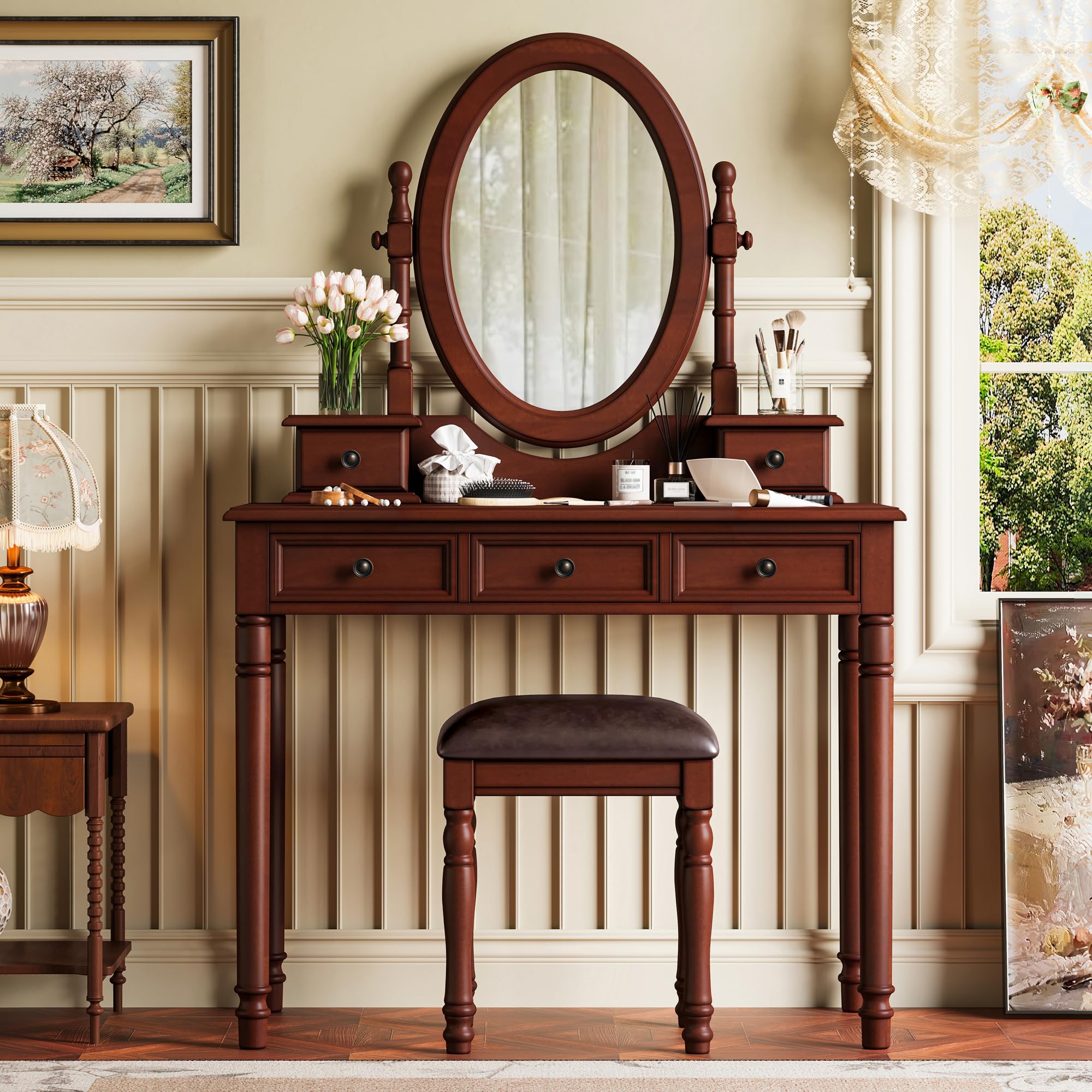 Amazon.com: Anwick Vintage Vanity Desk with Adjustable Angle Mirror, Wooden  Dressing Table Set for Bedroom with Velvet Fabric Lining 5 Drawers, Girls  Vanity Set with Cushioned Stool (Walnut) : Home & Kitchen