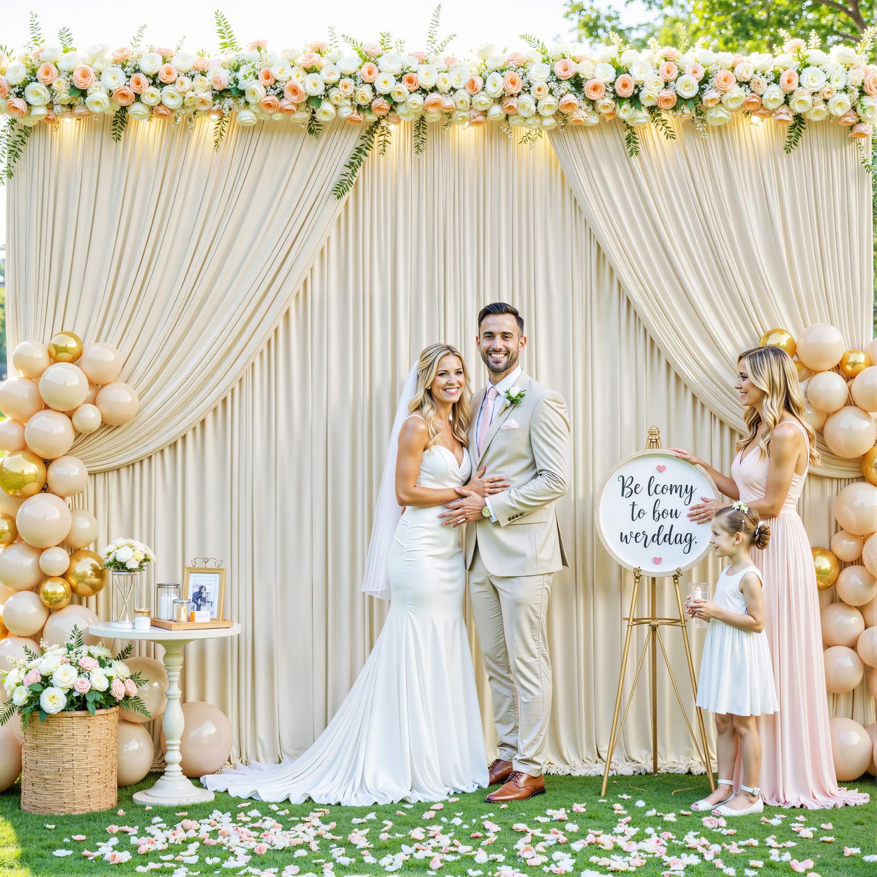 4 panele, beżowe tło, zasłona na przyjęcia weselne, bez zagnieceń, beżowe zasłony fotograficzne, tło, dekoracja, na baby shower, sesję zdjęciową, 6 m (szer.) x 3 m (wys.)