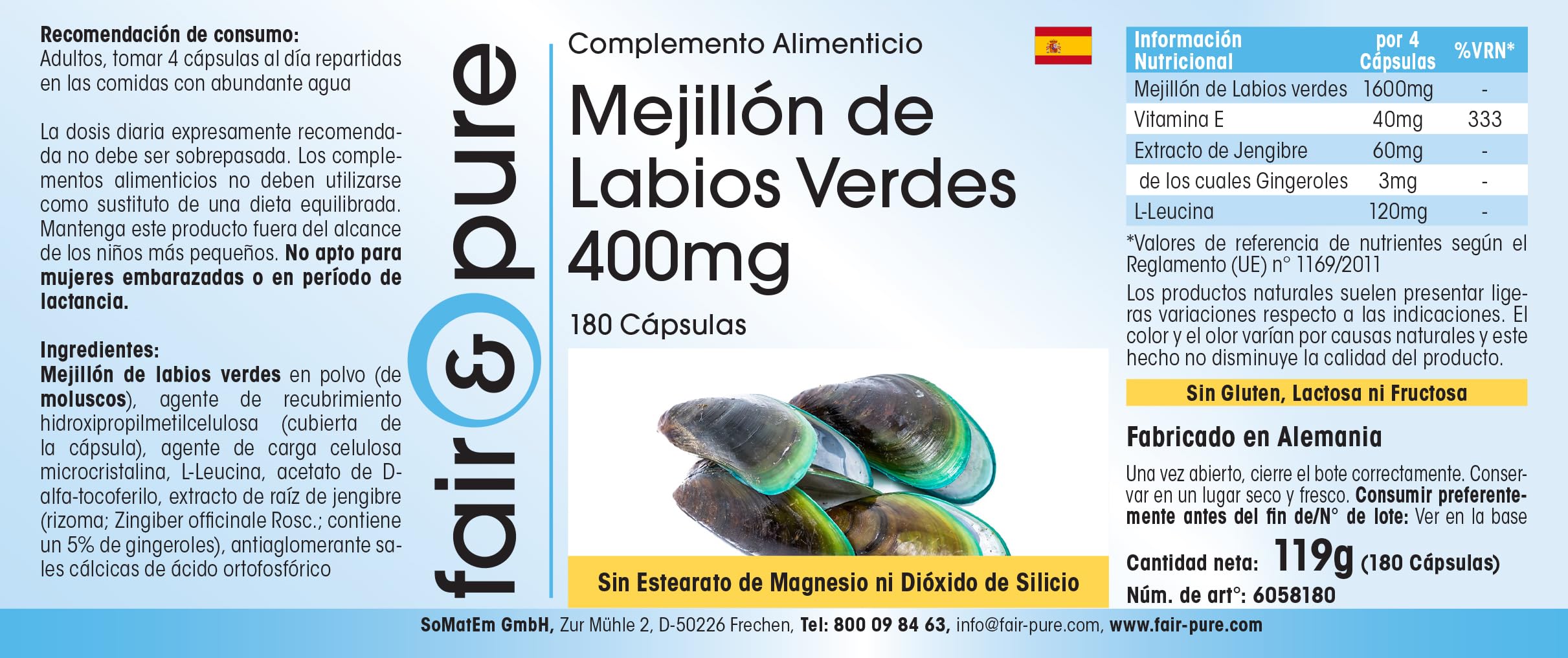 Fair & Pure® - Moule verte 400mg - poudre de moule verte de Nouvelle Zélande - 180 gélules de moule verte