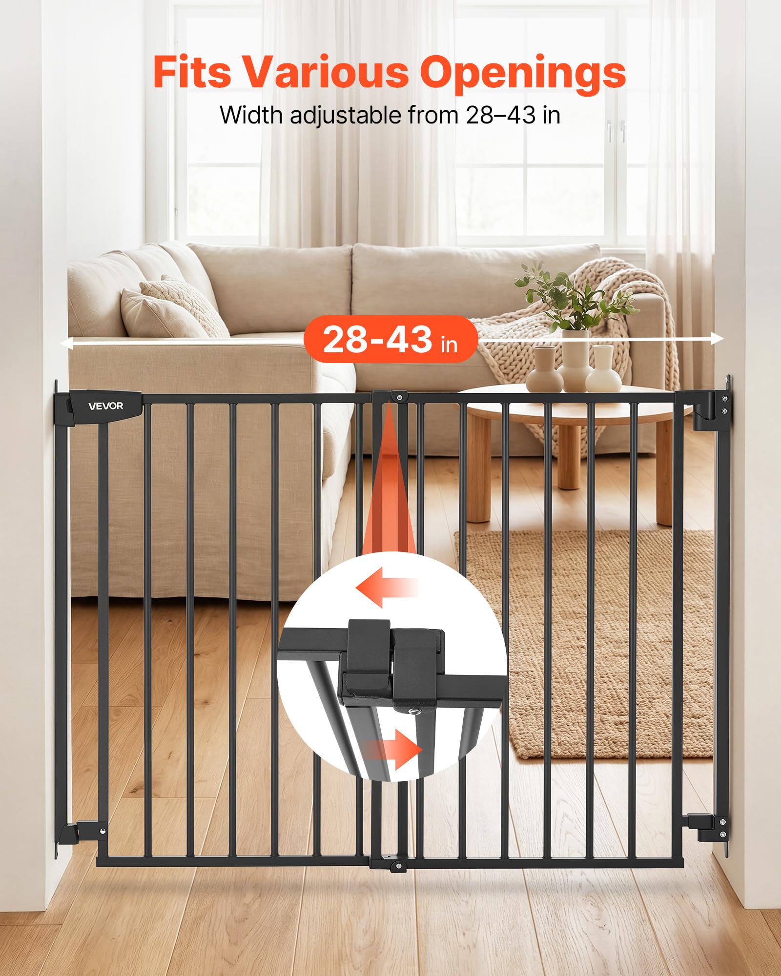 VEVOR Barrière de Sécurité Bébé, Largeur Réglable 720-1085 mm, Barrière Porte Chien, Hauteur 760 mm, sans Barre au Sol, Fixation par Perçage avec Accessoires, pour Escaliers, Passages et Maison, Noir