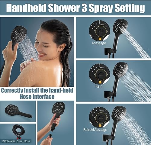 Miniatura 3 de Aolemi Sistema de ducha de montaje en techo de 16 pulgadas, cabezal de ducha de lluvia negro mate con 3 funciones, rociador de mano ABS para baño,