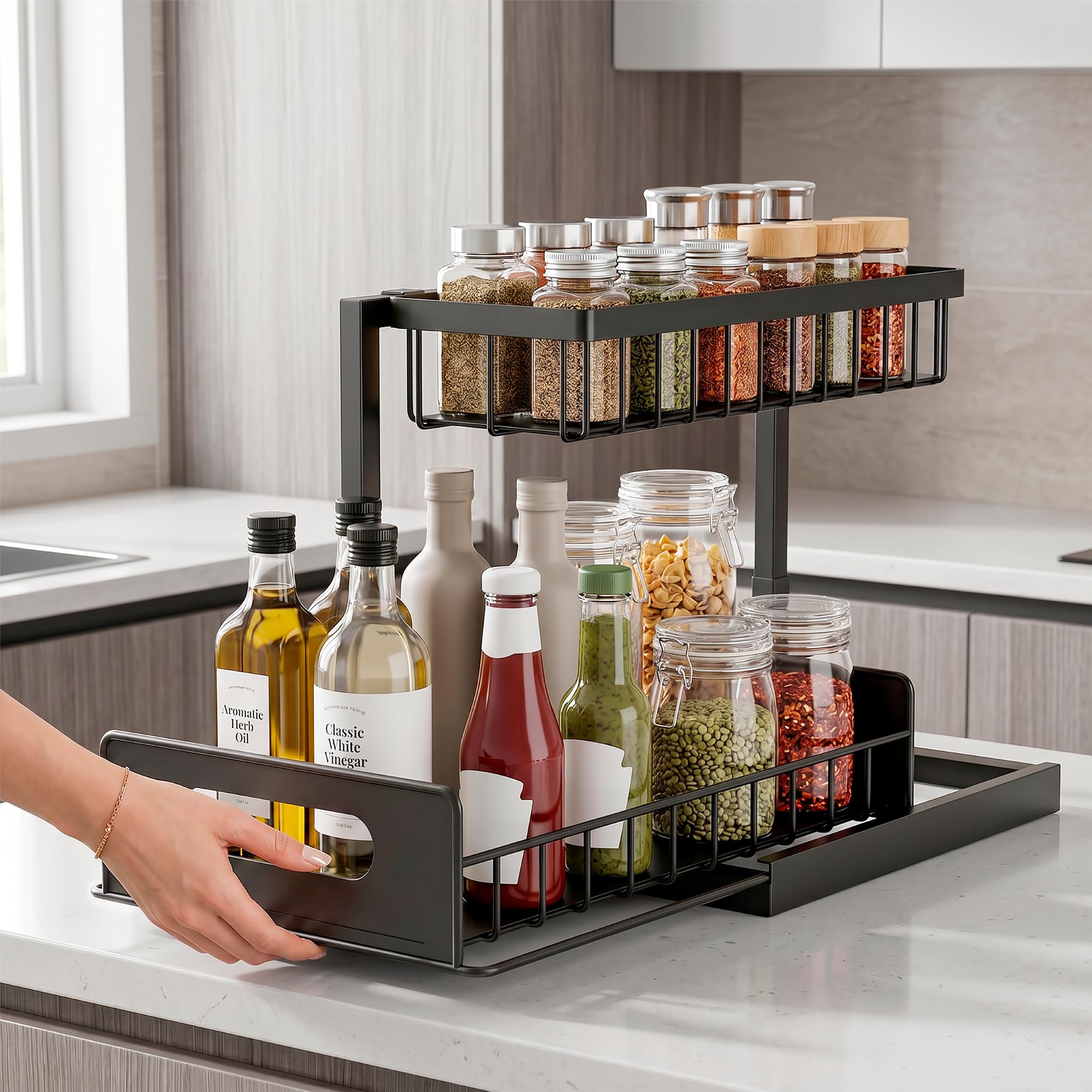 Feyra Organizzatore basso lavello a 2 livelli - Scaffale da cucina in metallo per casa e cucina, stoccaggio e organizzazione, cestini organizzativi con cassetto scorrevole, accessorio da bagno
