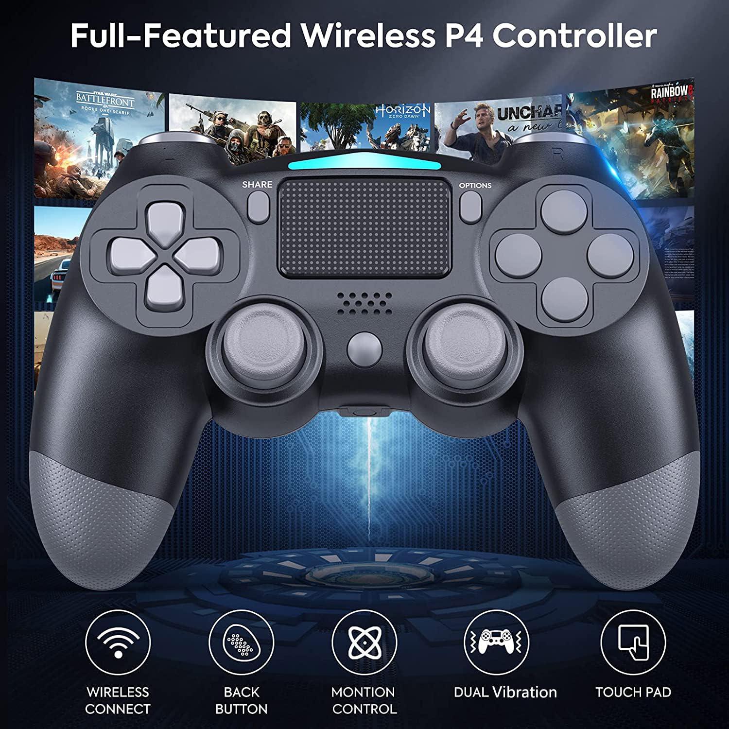 BJXOZ Wireless Controller für PS4, mit Vibration, Kopfhörerbuchse, 6-Achsen Gyro Sensor, Screenshot, Touchpanel, Gamepad für PS4/Slim/Pro/PC