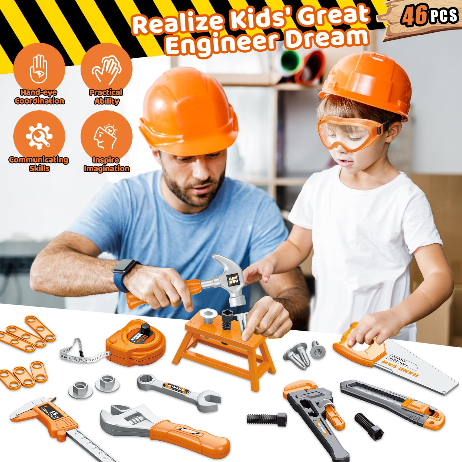 Kids Tool Set 46 PCS, Christmas Birthday Gifts for Kids Ages 3,4,5,6,7,8, Toddler Tool Set with Portable Tool Box & Electronic Toy Drill, Construction Toys Tools for Toddlers, Tool Kits for Boys Girls
