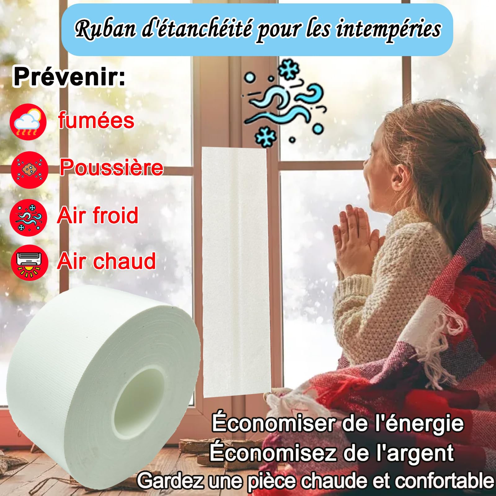 Bande d'étanchéité pour portes et fenêtres, bande blanche pour pare-brise, étanchéité pour climatisation, pour bloquer l'air froid, la poussière et la pluie, 5 cm x 30 m, sans résidus
