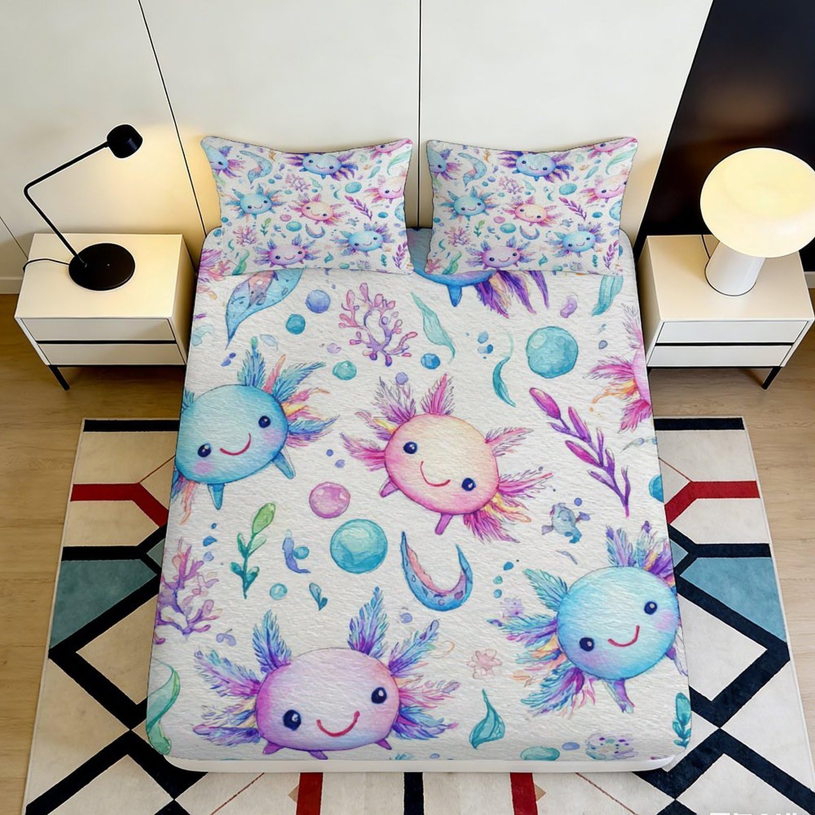 3D Printed Cartoon Axolotl Fitted Sheet Microfiber Soft Pastel Underwater Mattress Cover for Bedroom Dorm Home Decor 90x200x25cm