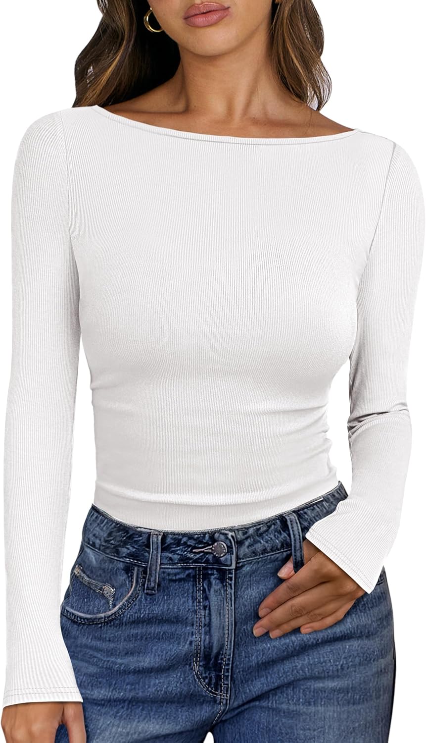 ANRABESS Women’s Boat Neck Long Sleeve Shirts Rib Knit Slim Fitting Tops Basic Tees 2025 Casual Comfy Fall Outfits Clothes