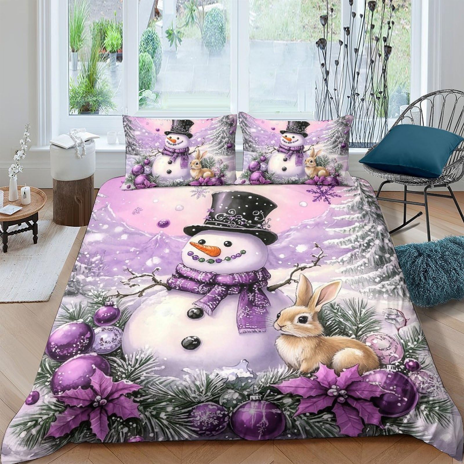 Ctjqhvkz Style-8 3D Printed Snowman Winter Scene Fitted Sheet Microfiber Soft Purple Christmas Rabbit Mattress Cover Bedroom Decor Single（135X200cm）
