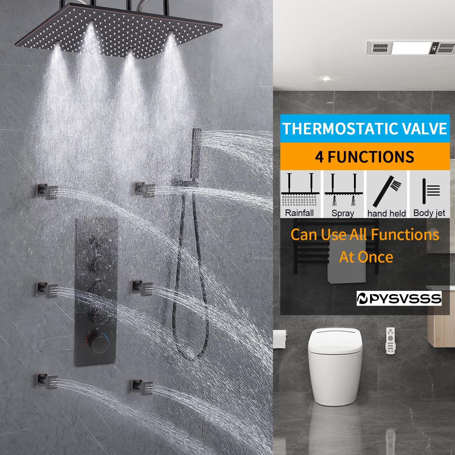 Rain Shower System Black Full Body Thermostatic Shower Head System with Flow-Adjustable Body Jets, Rain Fog Overhead Shower and Handheld Spray,Oil-Rubbed Bronze,16 Inch +6 Jets