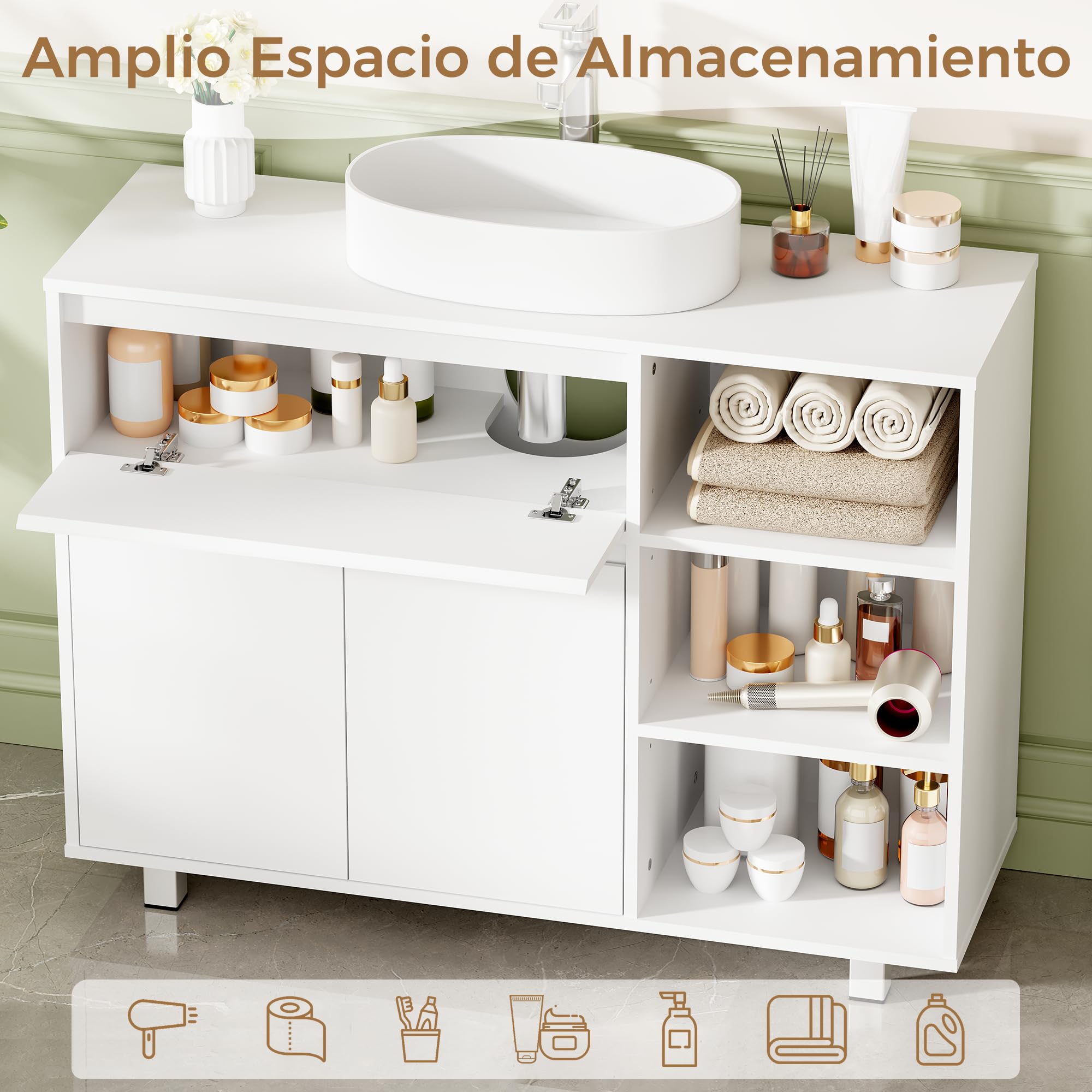 ANWBROAD Mueble Bajo Lavabo,Mueble Baño Auxiliar Armario Baño 64.5x30x90cm | Compartimento de Almacenamiento Oculto, 2 Puertas, 3 Estantes Abiertos Ajustables, Mueble bajo Lavabo con Patas Blanco